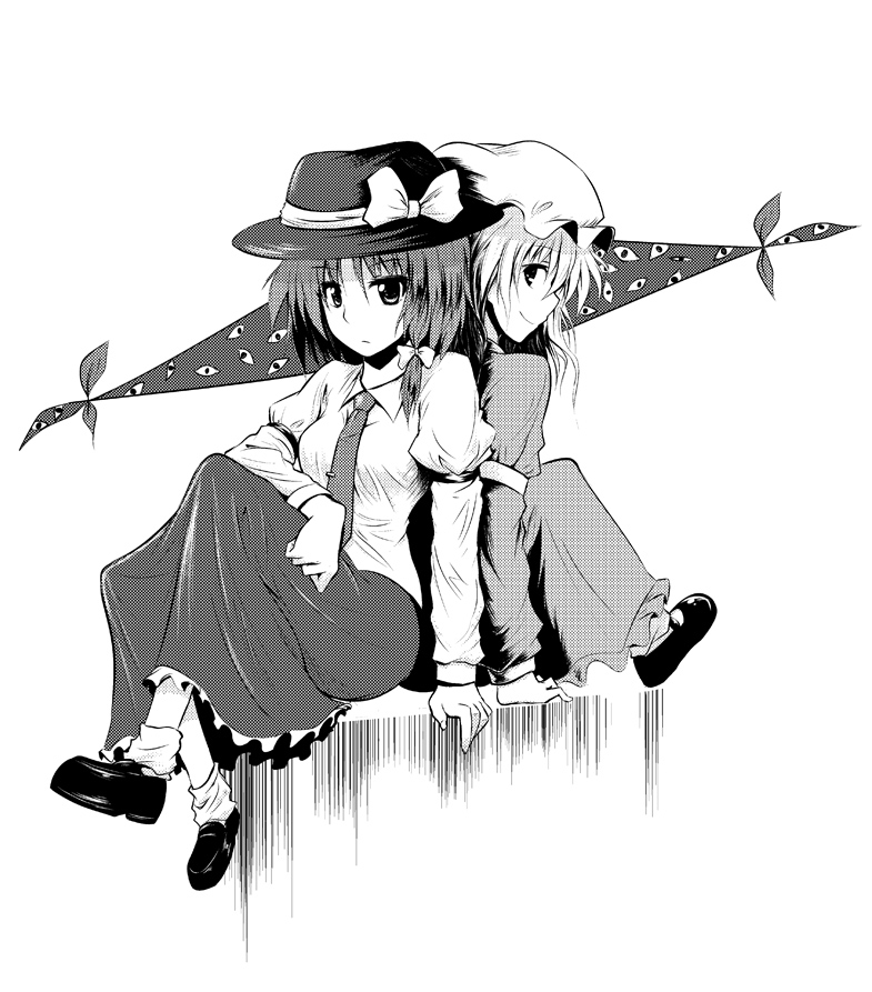 chipa (arutana), maribel hearn, usami renko, ghostly field club, touhou, 2girls, back-to-back, female focus, gap (touhou), greyscale, monochrome, multiple girls, simple background, sitting, white background