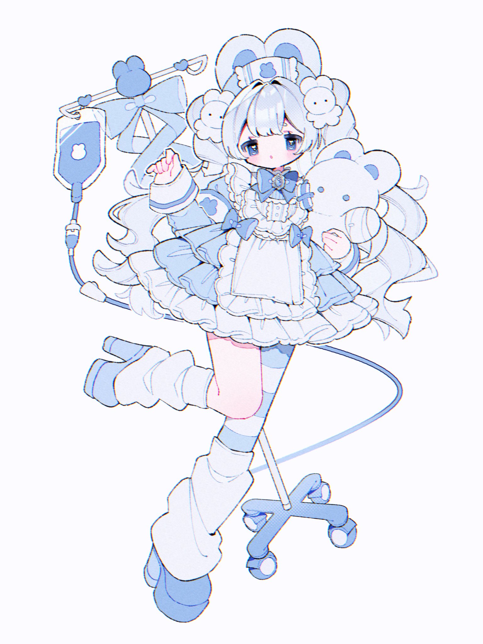 upa papa co, original, commentary, highres, 1girl, :o, animal ears, apron, asymmetrical legwear, blue bow, blue bowtie, blue dress, blue eyes, blue pantyhose, blue shoes, blush, bow, bowtie, dress, frilled apron, frilled dress, frills, full body, hair ornament, hand up, hat, long sleeves, loose socks, open mouth, pantyhose, platform shoes, rabbit ears, rabbit girl, rabbit hair ornament, shoes, simple background, single leg pantyhose, socks, socks over pantyhose, solo, standing, standing on one leg, striped clothes, striped pantyhose, uneven legwear, white apron, white background, white hat, white socks