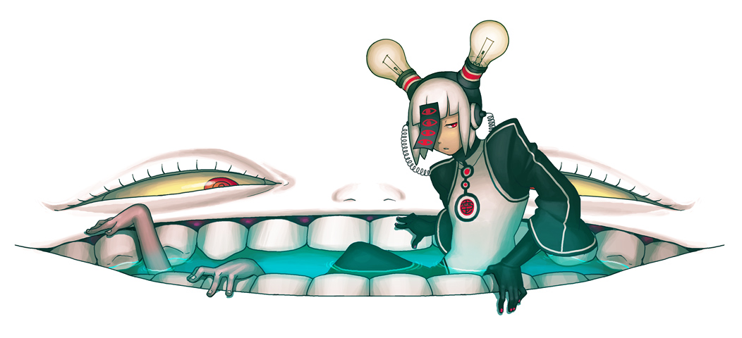 juuden, original, gender request, androgynous, flat chest, gloves, headphones, light bulb, nail polish, red eyes, red nails, solo, talisman, underwater, what, white hair