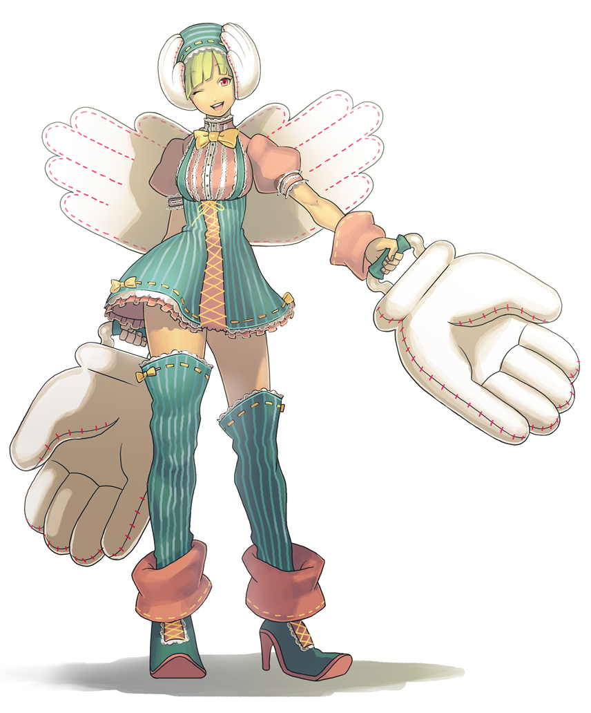 juuden, striped, 1girl, blonde hair, breasts, female focus, full body, high heels, red eyes, shoes, short hair, solo, thighhighs