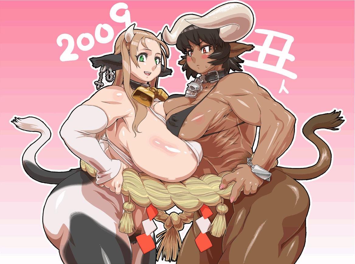 nezunezu, ox (chinese zodiac), 00s, 2009, animal ears, bikini, blush, breasts, collar, cow ears, cow girl, curvy, green eyes, horns, huge breasts, minotaur, muscular, red eyes, skull, swimsuit, tail