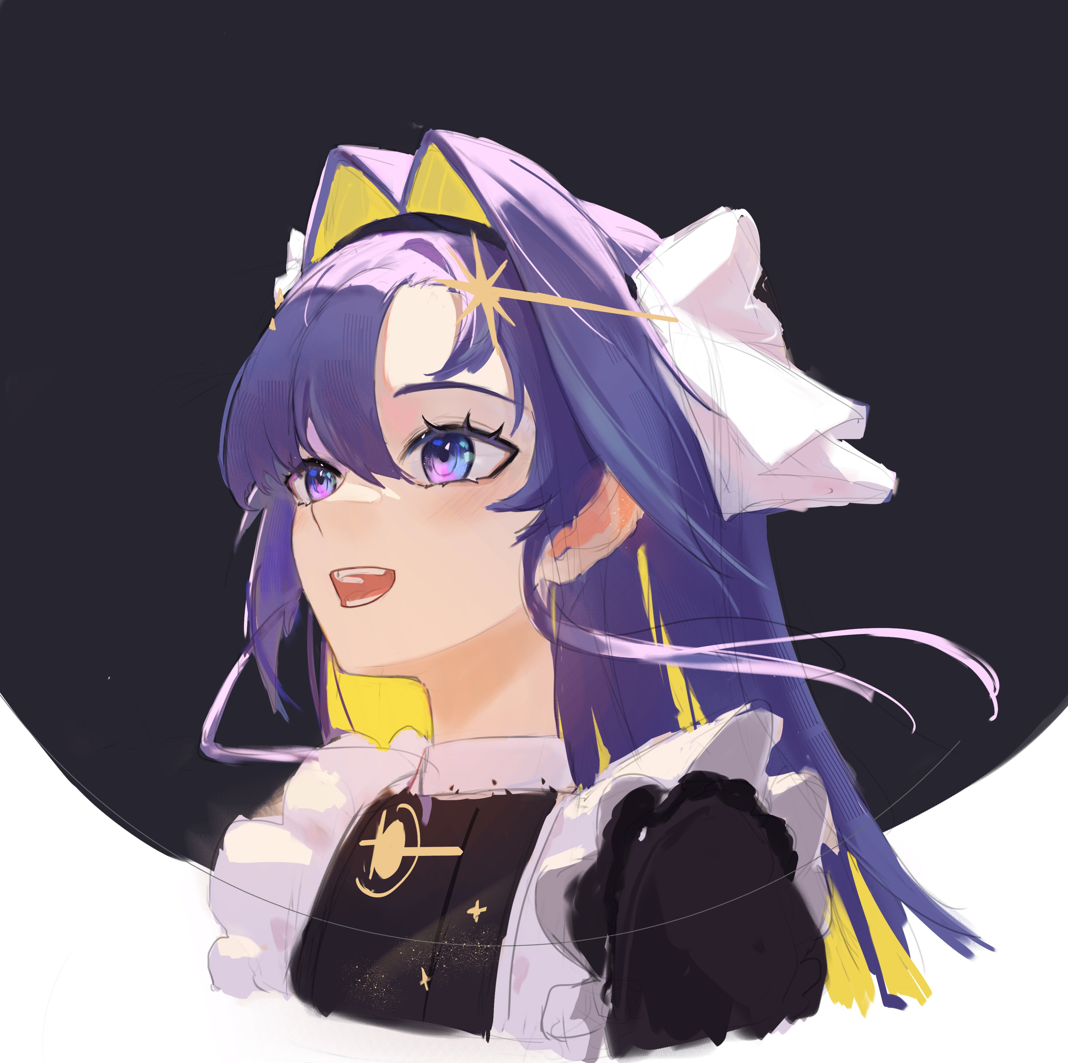 upmocks, voyager (reverse:1999), reverse:1999, absurdres, highres, 1girl, :d, apron, black background, black dress, blonde hair, blue eyes, blue hair, colored inner hair, cropped torso, dress, frilled apron, frills, hair intakes, hair ornament, multicolored hair, open mouth, smile, solo, star (symbol), star hair ornament, white apron