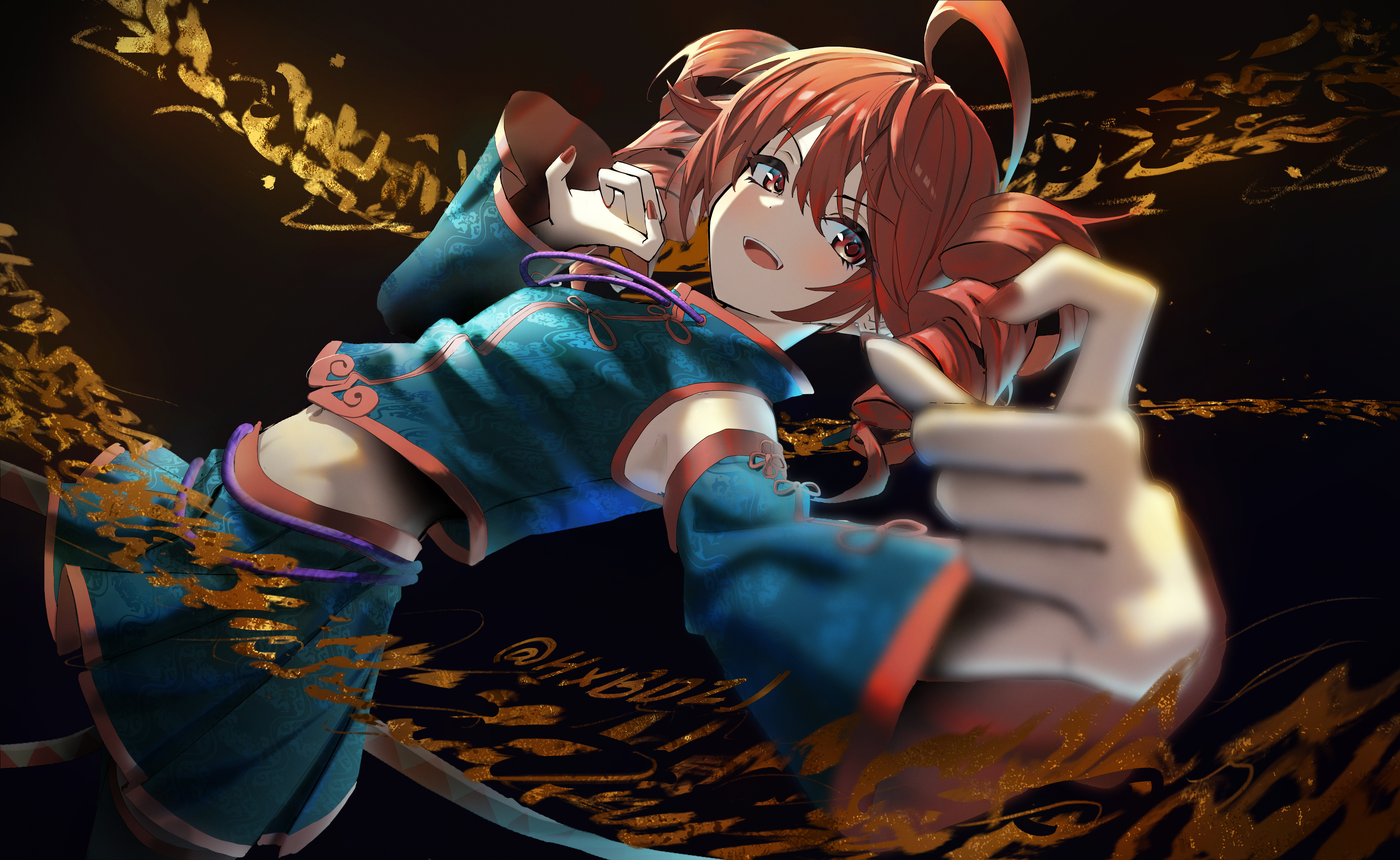 hxbdzj, kasane teto, utau, absurdres, highres, 1girl, ahoge, armpits, blue shirt, blue skirt, blush, chinese clothes, chinese text, detached sleeves, drill hair, fighting stance, hair between eyes, long hair, looking at viewer, open mouth, red eyes, red hair, red nails, shirt, sidelocks, skirt, solo, twin drills