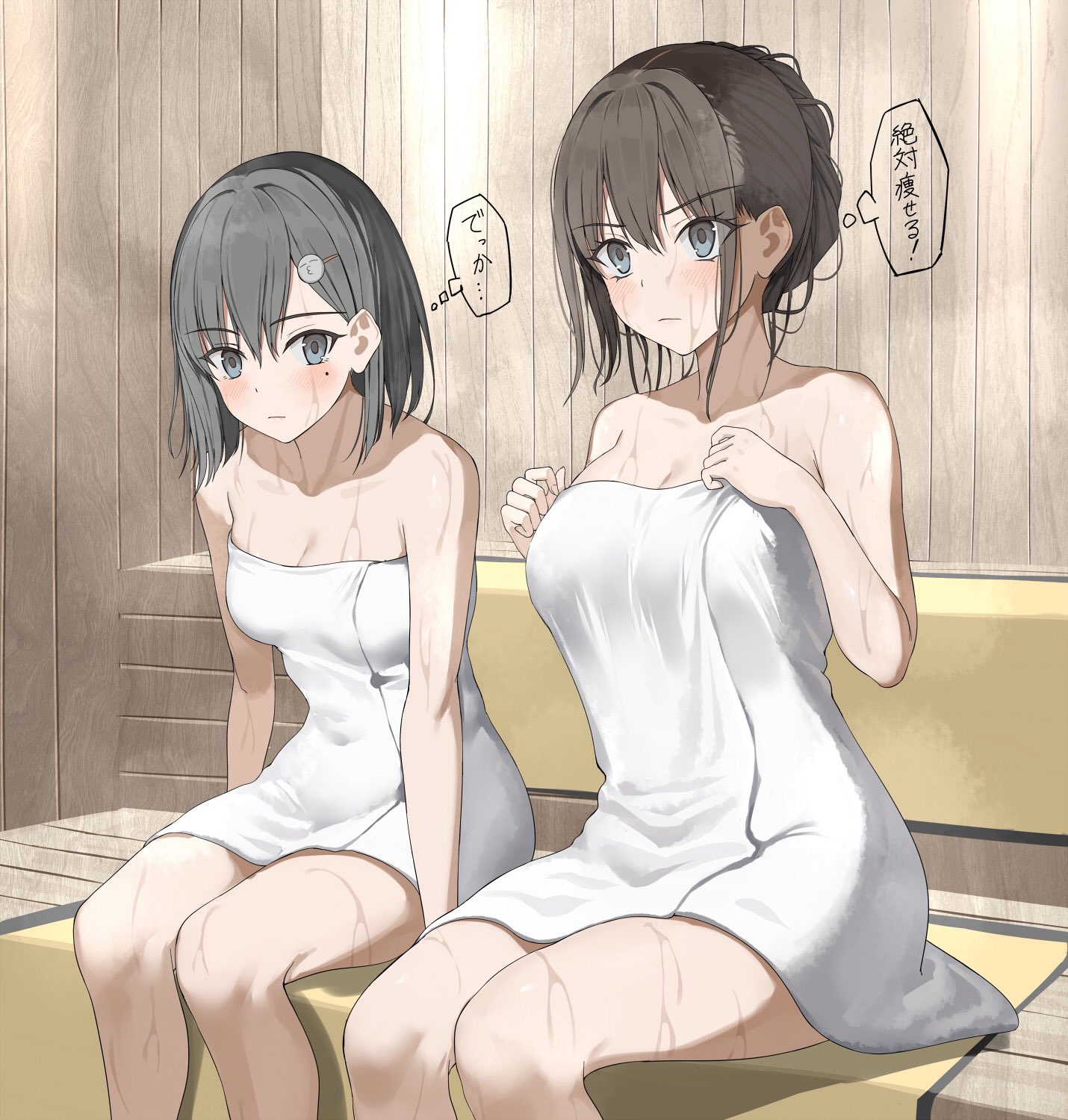 kureha (ironika), original, twitter, 2girls, black hair, blush, breasts, brown hair, japanese text, large breasts, looking at another, medium breasts, multiple girls, short hair, sitting, sweatdrop, towel, wet