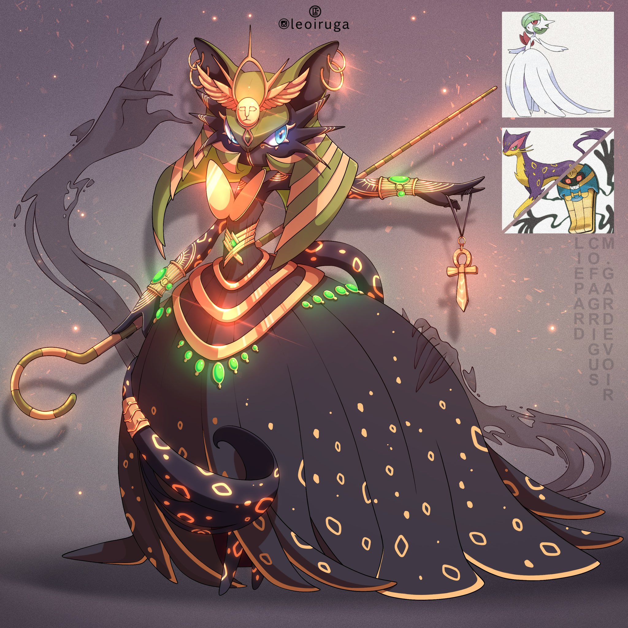 leoiruga, cofagrigus, gardevoir, liepard, mega gardevoir, nintendo, pokemon, commission, highres, alternate color, animal ears, ankh, black dress, black skin, blue eyes, character name, colored skin, dress, earrings, fusion, gen 3 pokemon, gen 5 pokemon, ghost hands, gold earrings, holding, holding staff, jewelry, mega pokemon, official art inset, pokemon (creature), shiny pokemon, staff, tail