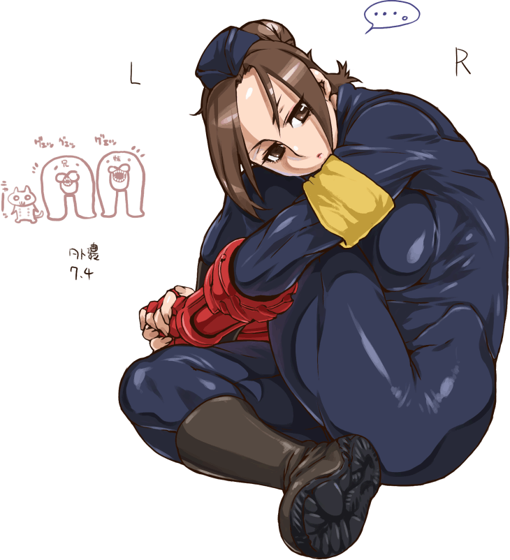 nezunezu, juli (street fighter), capcom, street fighter, street fighter zero (series), …, 1990s (style), 1girl, bodysuit, boots, breasts, brown eyes, brown hair, female focus, gauntlets, hair bun, hair up, hat, hugging own legs, muscular, retro artstyle, single hair bun, sitting, skin tight, solo