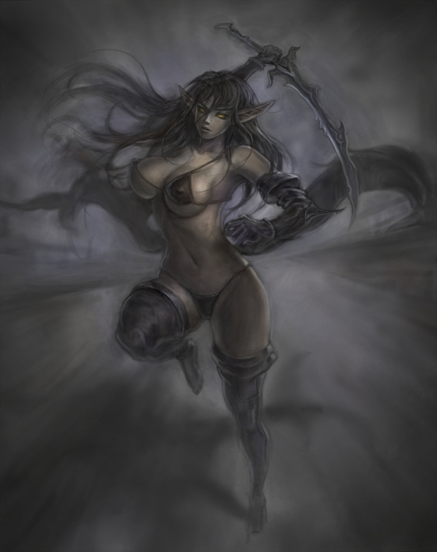 neongun, night elf (warcraft), warcraft, world of warcraft, 1girl, armor, armpits, battle, bikini, breasts, cleavage, covered erect nipples, curvy, elf, female focus, gauntlets, greaves, groin, large breasts, leg up, long hair, looking at viewer, micro bikini, navel, pointy ears, running, sideboob, solo, swimsuit, sword, thighhighs, weapon, wide hips, yellow eyes