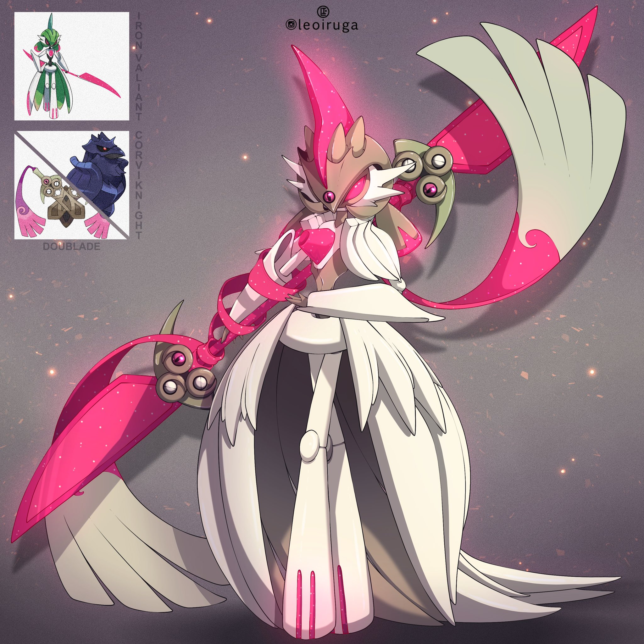 leoiruga, corviknight, doublade, iron valiant, nintendo, pokemon, highres, armor, artist name, fusion, gen 6 pokemon, gen 8 pokemon, grey background, holding, holding weapon, joints, official art inset, pink eyes, pokemon (creature), robot joints, signature, waist cape, weapon, white armor