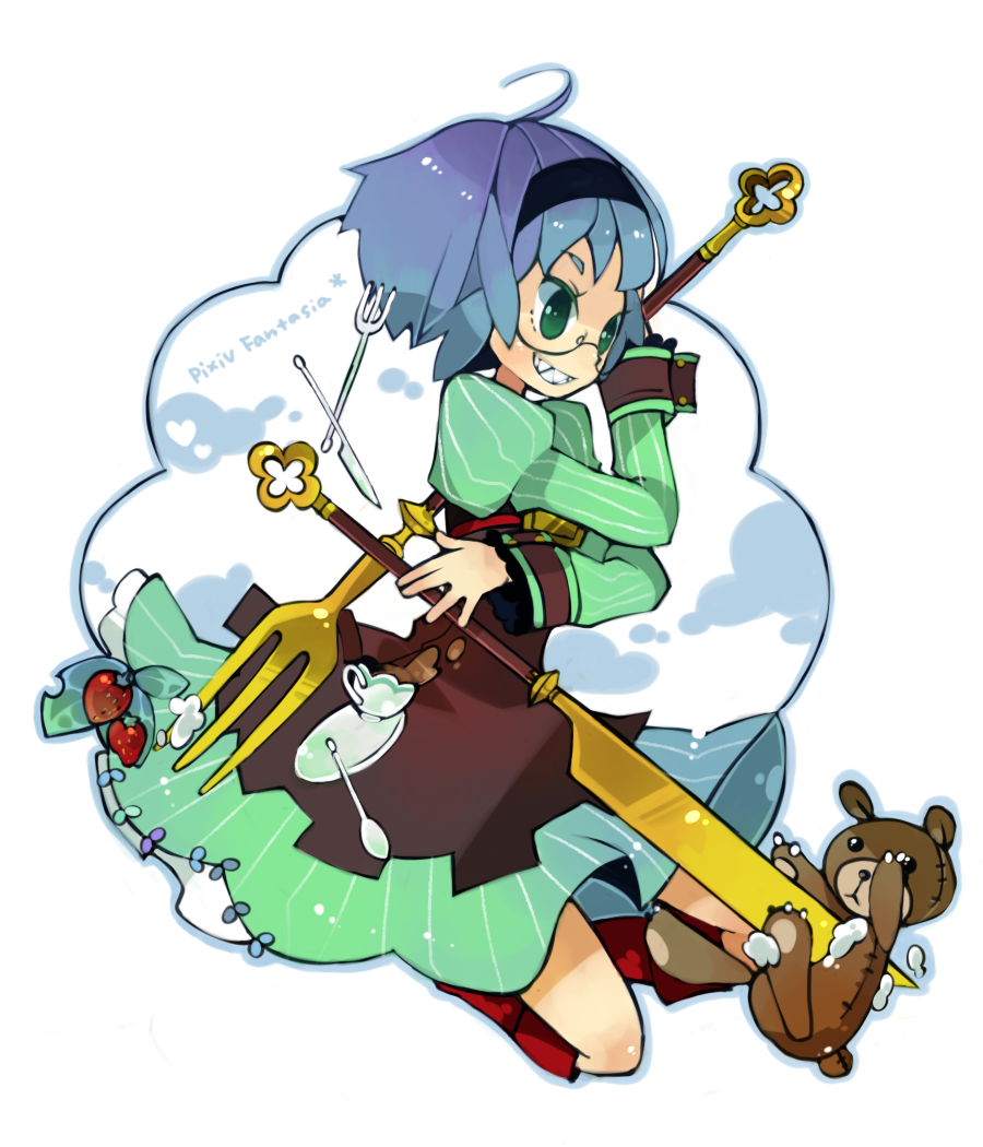 rinju umisu, sumisu (rinsumi), pixiv fantasia, pixiv fantasia 3, bad id, bad pixiv id, 1girl, ahoge, blue hair, cup, dress, female focus, food, fork, fruit, glasses, green eyes, grin, hairband, knife, oversized object, short hair, smile, solo, spoon, strawberry, stuffed animal, stuffed toy, teddy bear