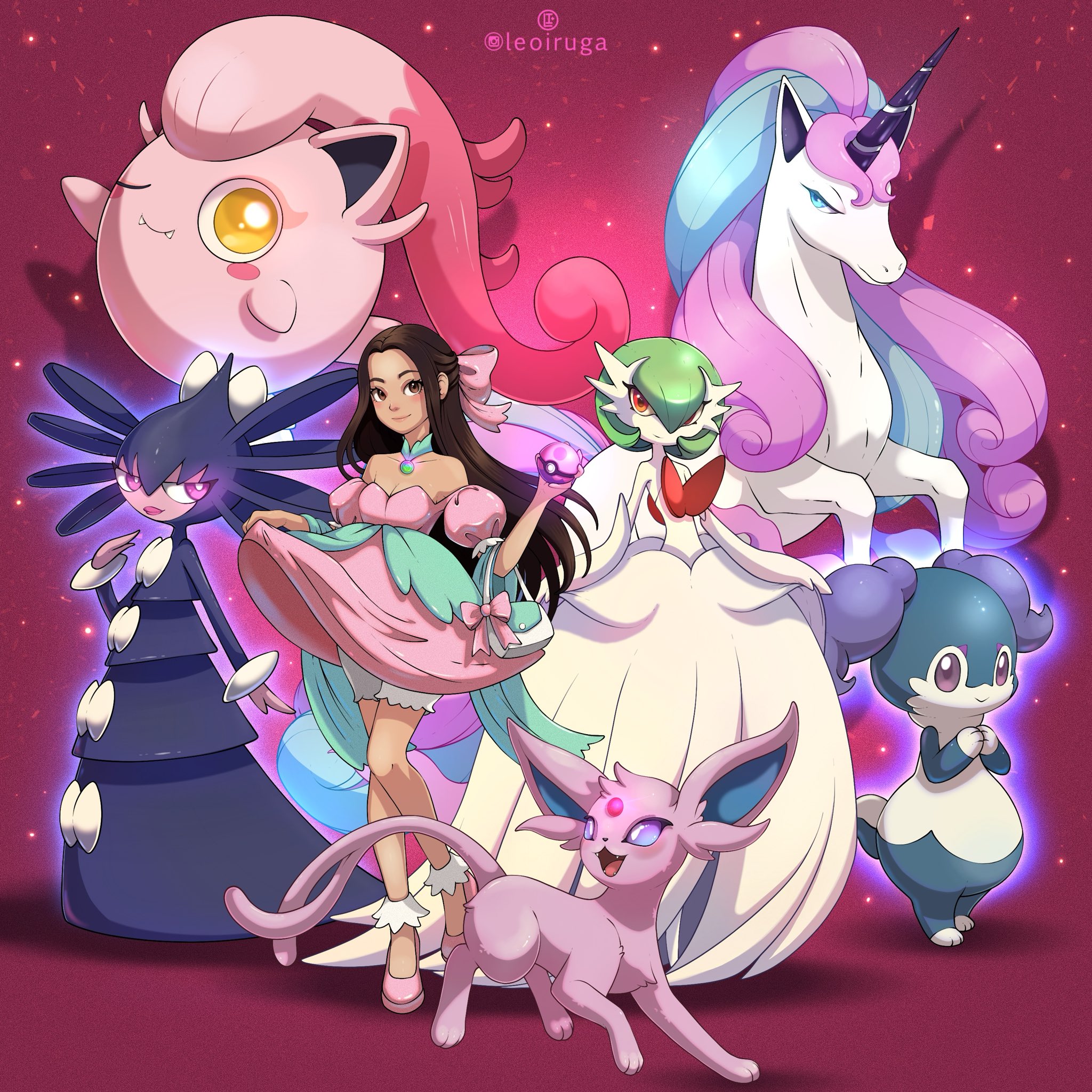 leoiruga, espeon, galarian rapidash, gardevoir, gothitelle, indeedee, indeedee (female), mega gardevoir, scream tail, nintendo, pokemon, commission, highres, 1girl, artist name, black hair, blue eyes, bob cut, bow, colored skin, dress, elbow gloves, forehead jewel, galarian form, gen 2 pokemon, gen 3 pokemon, gen 5 pokemon, gen 8 pokemon, gloves, green hair, hair bow, hair over one eye, holding, holding poke ball, long hair, mega pokemon, pink bow, pink dress, pink eyes, pink shoes, pink skin, poke ball, pokemon (creature), purple eyes, purple fur, shoes, strapless, strapless dress, unicorn, white dress, white gloves, yellow eyes