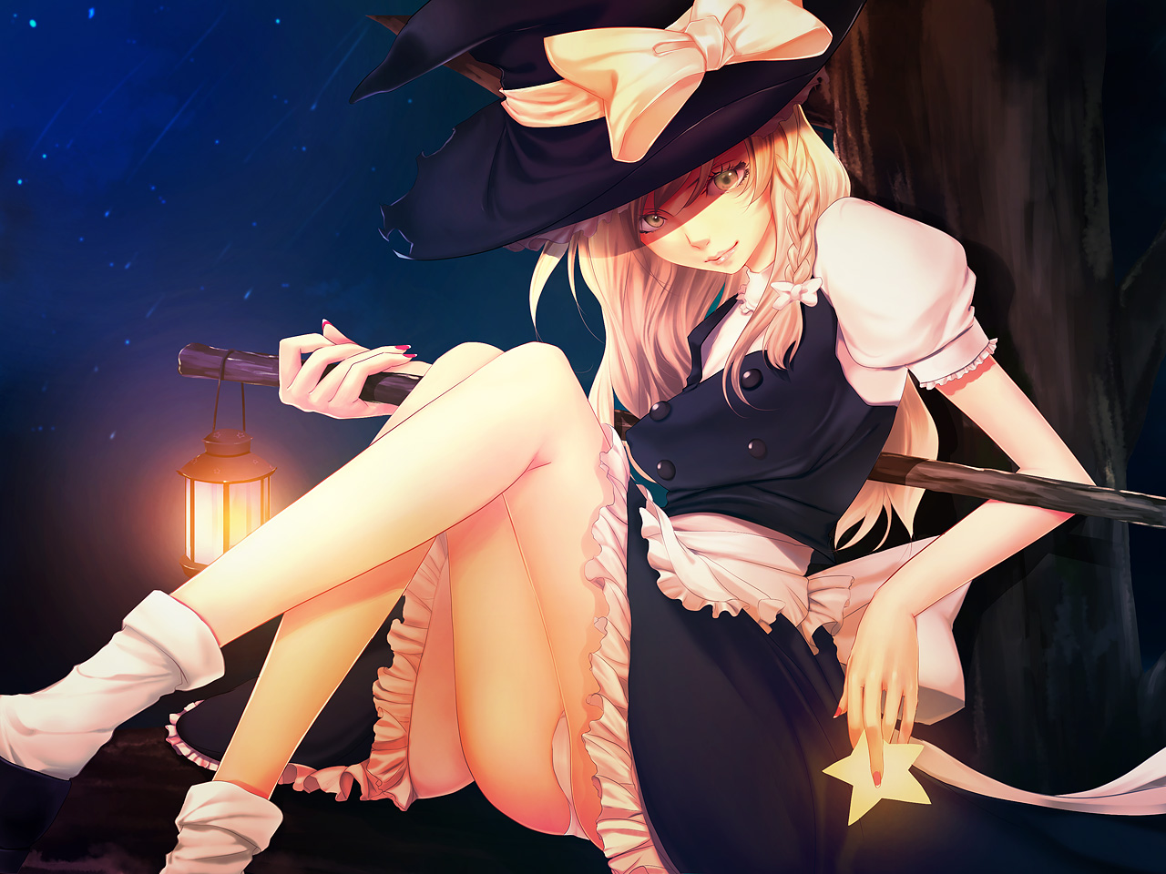 yoshimune (b12f), kirisame marisa, touhou, bad id, bad pixiv id, 1girl, against tree, blonde hair, braid, brown eyes, female focus, hat, lantern, legs, lips, long hair, nail polish, panties, pantyshot, pink nails, sitting, smile, socks, solo, star (symbol), tree, underwear, witch, witch hat