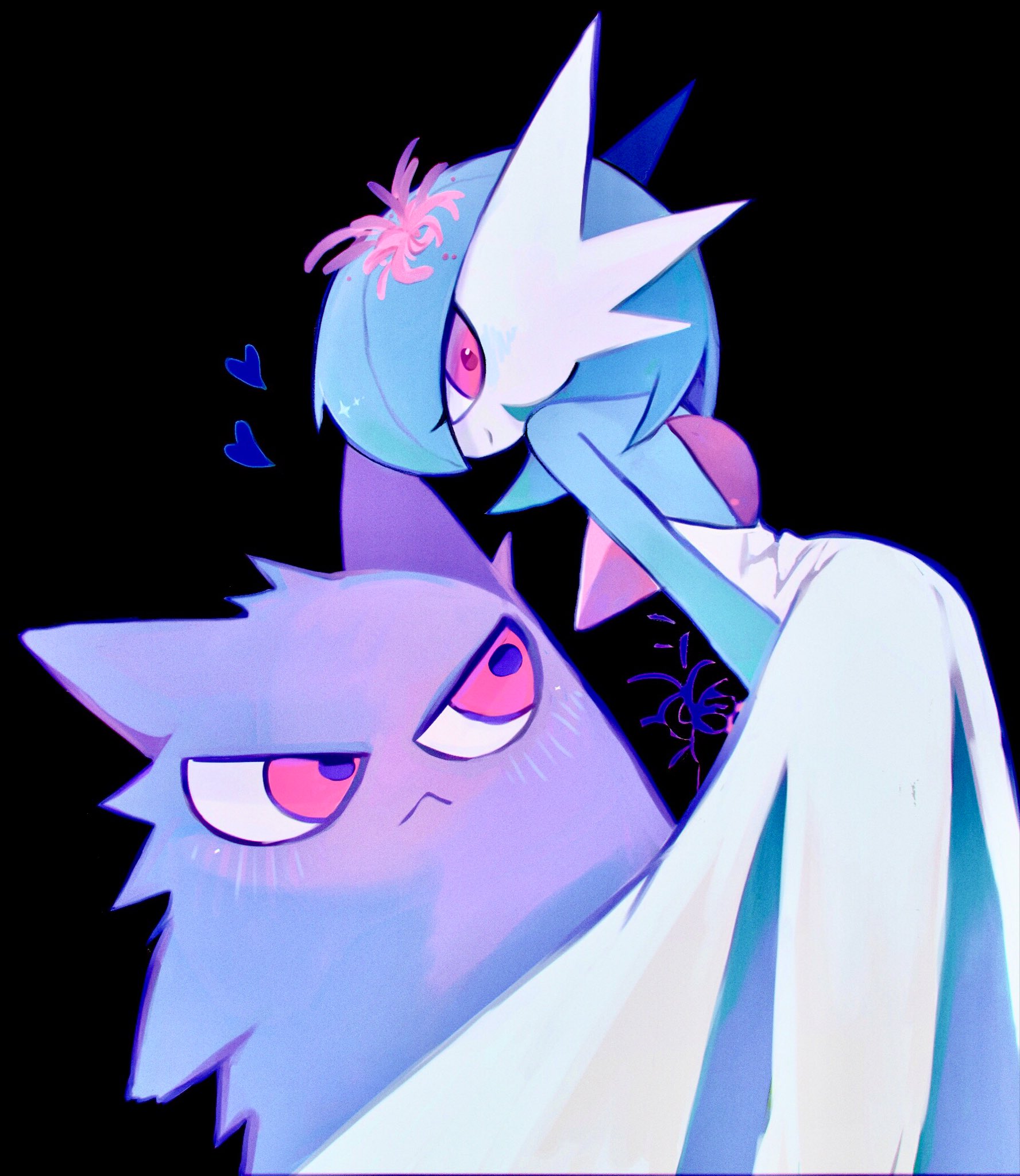 masayo (skip), gardevoir, gengar, nintendo, pokemon, highres, alternate color, black background, blue hair, dress, flower, gen 1 pokemon, gen 3 pokemon, ghost, hair flower, hair ornament, heart, leaning forward, pokemon (creature), red eyes, shiny pokemon, simple background, white dress