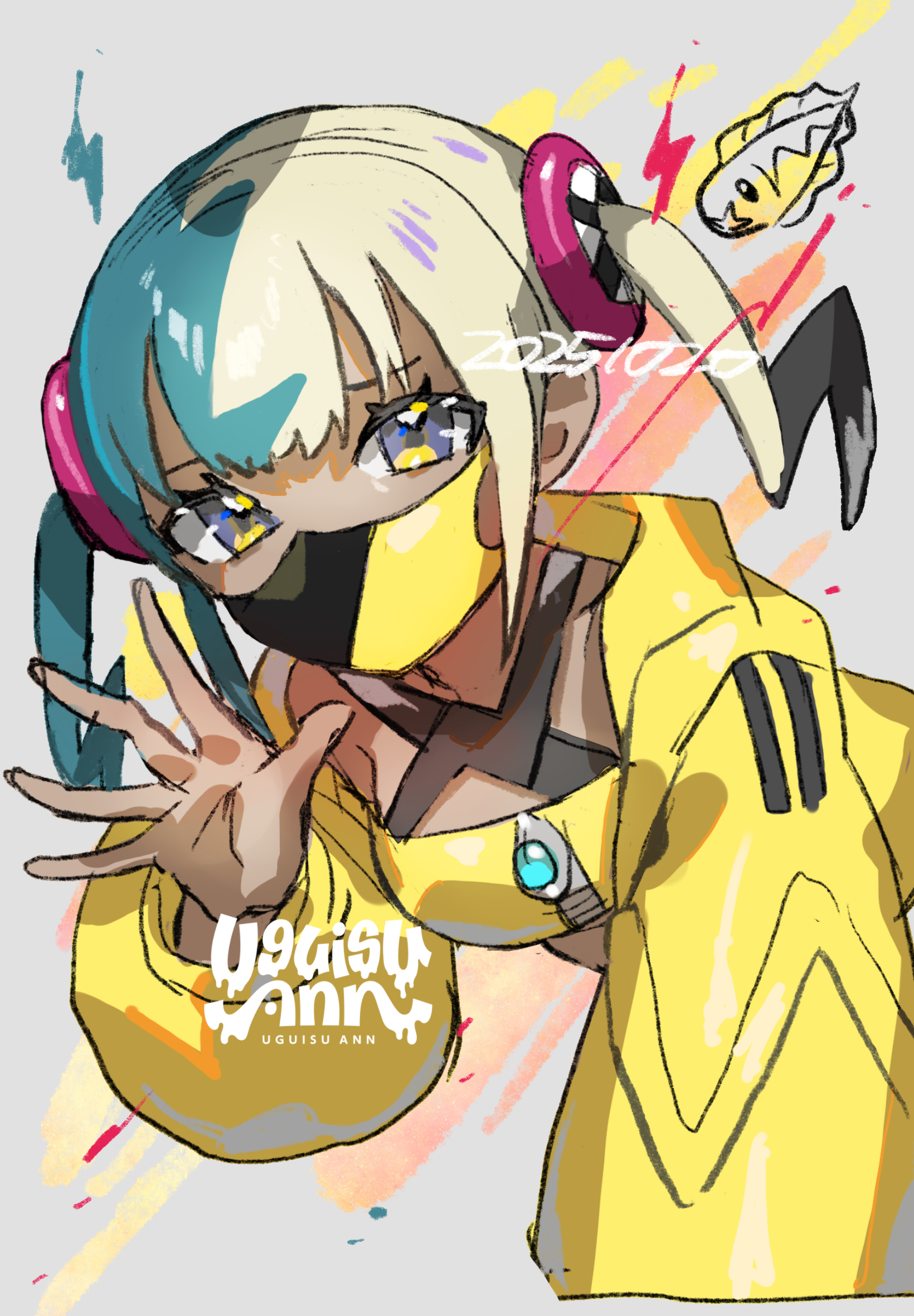 uguisu ann, canari (pokemon), tynamo, nintendo, pokemon, pokemon legends: z-a, highres, 1girl, artist name, black hair, blonde hair, blue hair, dated, gen 5 pokemon, jacket, long sleeves, looking at viewer, mask, mouth mask, multicolored hair, open clothes, open jacket, puffy sleeves, purple eyes, short hair, solo, twintails, upper body, waving, yellow jacket