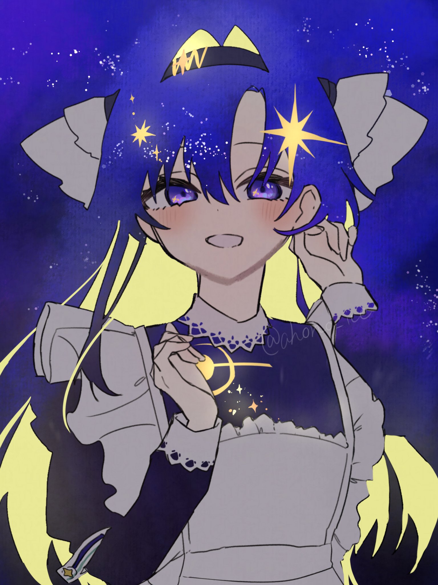 aisu (ahono ice), voyager (reverse:1999), reverse:1999, highres, 1girl, adjusting hair, apron, black dress, blending, blonde hair, blue background, blue eyes, blue hair, colored inner hair, dress, frilled apron, frills, grin, hair intakes, hair ornament, hands up, long hair, looking at viewer, multicolored hair, smile, solo, star (sky), star (symbol), star hair ornament, starry sky background, upper body, very long hair, white apron
