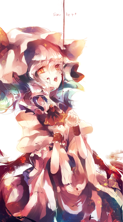 kirero, remilia scarlet, touhou, 1girl, blood, dress, female focus, hat, orange eyes, short hair, solo