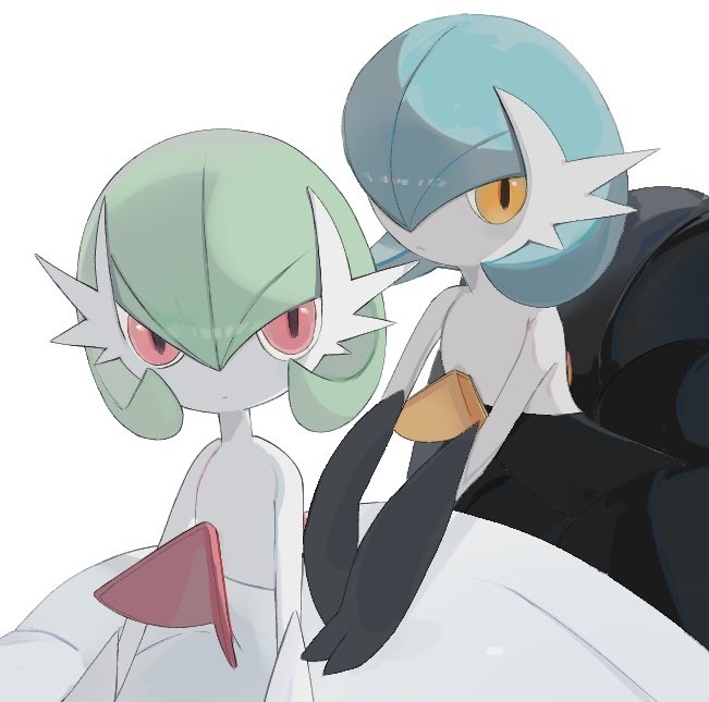 cow gv, gardevoir, mega gardevoir, nintendo, pokemon, alternate color, black dress, black gloves, blue hair, bob cut, colored skin, dress, elbow gloves, gen 3 pokemon, gloves, green hair, mega pokemon, orange eyes, pink eyes, pokemon (creature), shiny pokemon, simple background, white background, white dress, white gloves, white skin