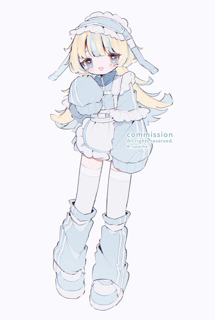 upa papa co, original, commentary, commission, 1girl, :d, apron, blonde hair, blue eyes, blue hair, blue hairband, blue jacket, blue shoes, blue skirt, blue socks, blush, frilled apron, frilled hairband, frills, full body, hairband, hand up, jacket, jersey maid, long hair, long sleeves, looking at viewer, maid, mole, mole under eye, multicolored hair, open mouth, shoes, simple background, skirt, sleeves past fingers, sleeves past wrists, smile, socks, solo, standing, streaked hair, thighhighs, track jacket, twitter username, two-tone hair, unconventional maid, waist apron, watermark, white apron, white background, white thighhighs