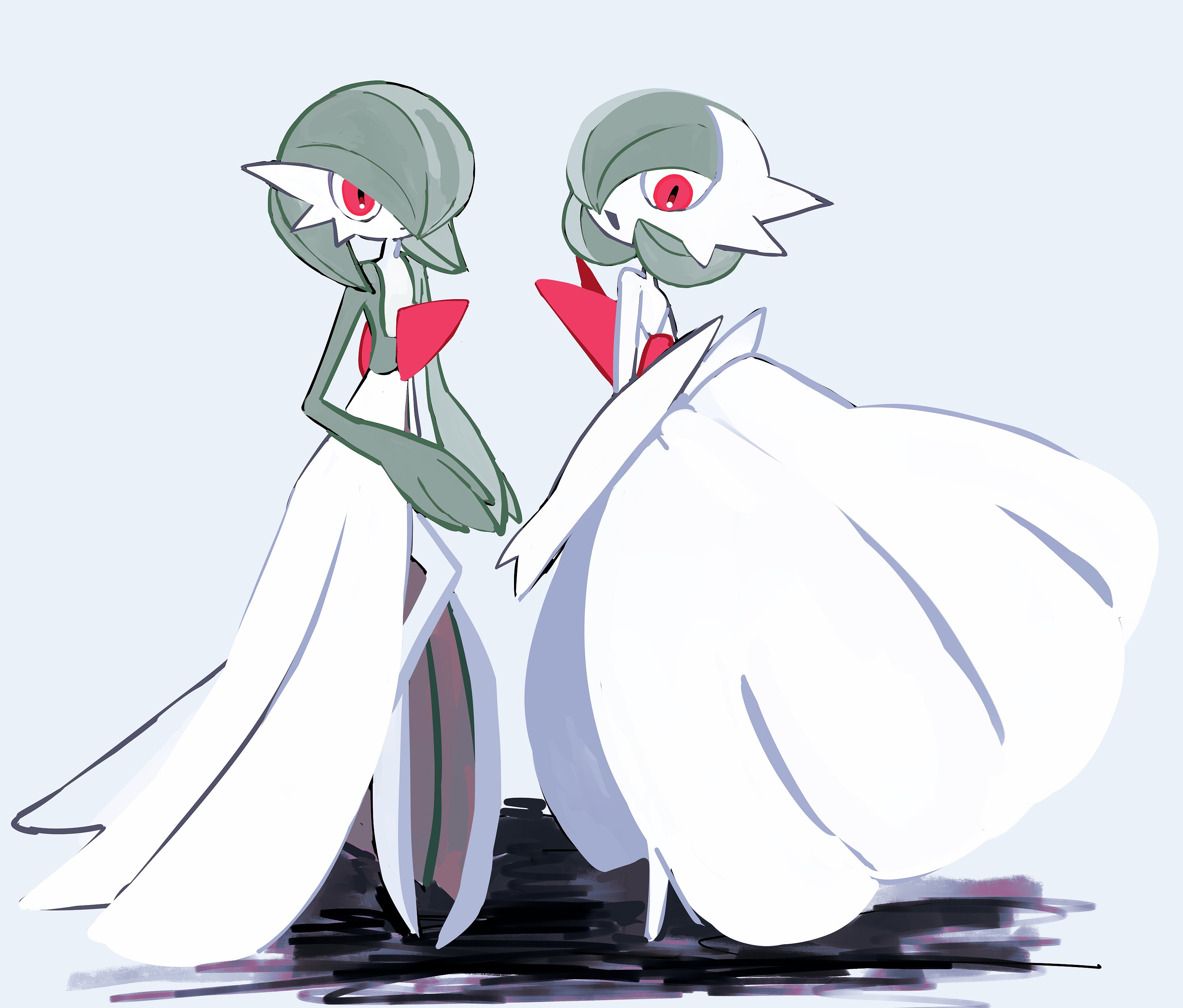 c sloani, gardevoir, mega gardevoir, nintendo, pokemon, absurdres, highres, bob cut, colored skin, dress, elbow gloves, gen 3 pokemon, gloves, green hair, green skin, grey background, hair over one eye, mega pokemon, multicolored skin, pokemon (creature), red eyes, simple background, two-tone skin, white dress, white gloves, white skin