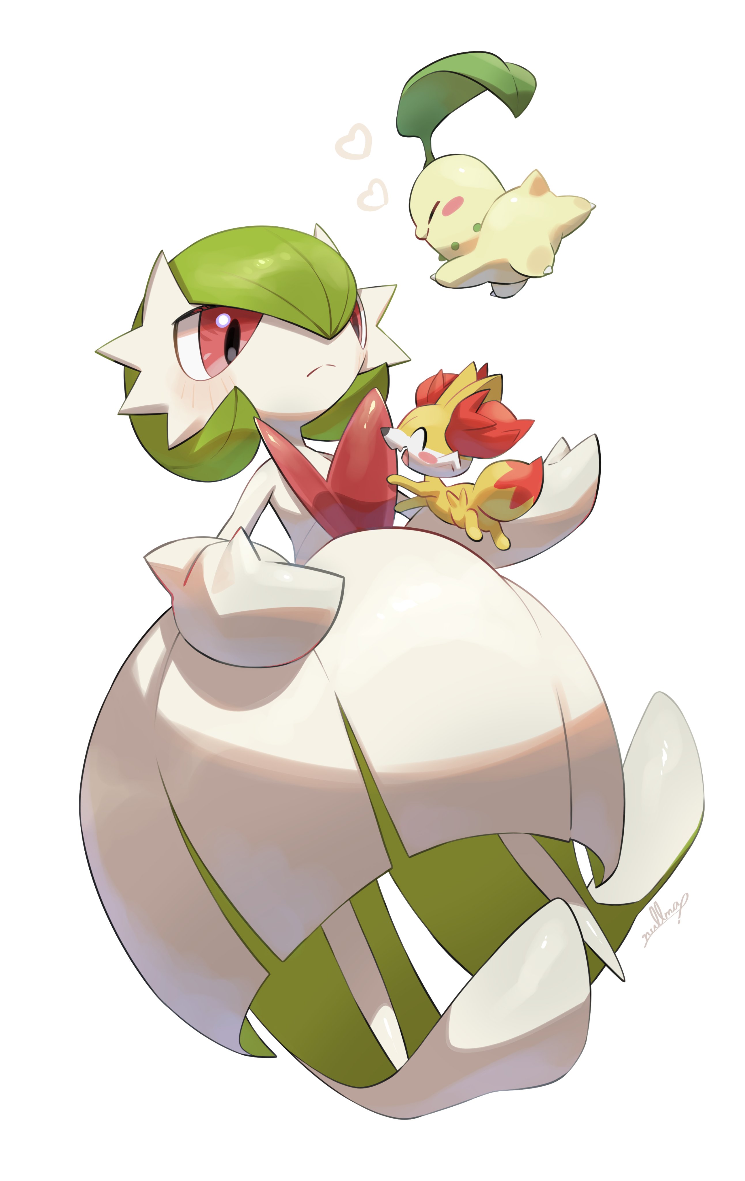 nullma, chikorita, fennekin, gardevoir, mega gardevoir, nintendo, pokemon, pokemon legends: z-a, absurdres, highres, artist name, bob cut, colored skin, dress, gen 2 pokemon, gen 3 pokemon, gen 6 pokemon, green hair, green skin, heart, mega pokemon, multicolored fur, orange fur, pink eyes, pokemon (creature), signature, simple background, white background, white dress, white skin, yellow fur