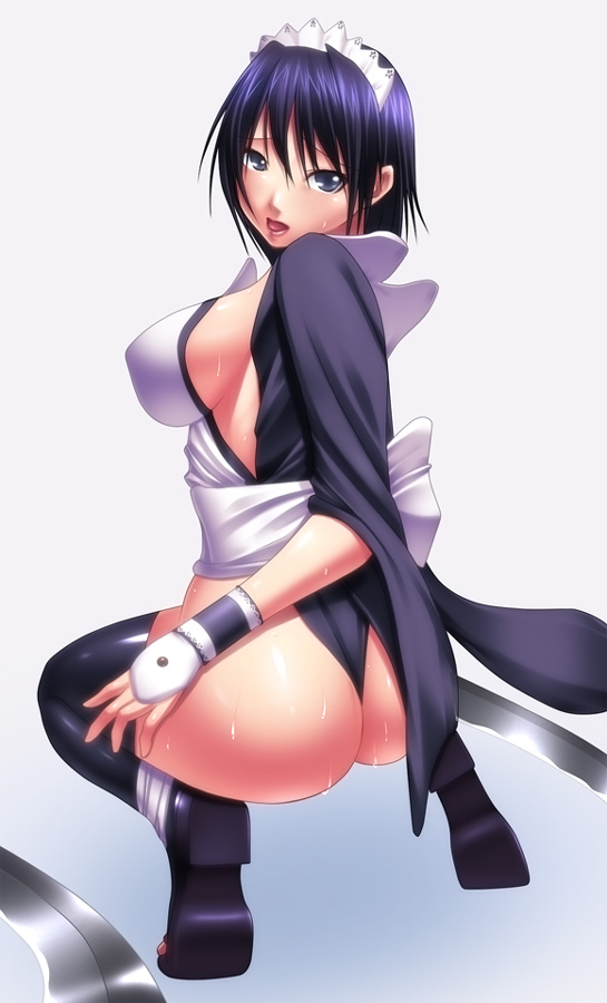 shokuyou mogura, iroha (samurai spirits), samurai spirits, bad id, bad pixiv id, 1girl, ass, breasts, female focus, large breasts, purple hair, short hair, sideboob, solo, squatting, thighhighs