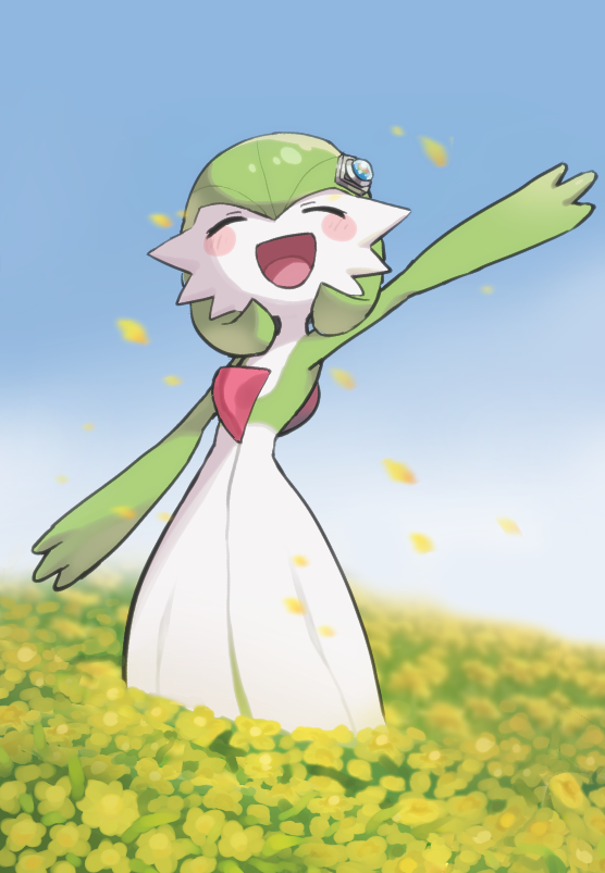 ddingyong, gardevoir, nintendo, pokemon, pokemon (anime), poketoon, blue sky, blush, bob cut, closed eyes, colored skin, dress, field, flower, flower field, gen 3 pokemon, green hair, green skin, mega stone, multicolored skin, open mouth, outdoors, pokemon (creature), sky, smile, two-tone skin, white dress, white skin