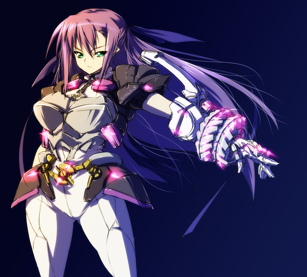 nekomamire, ginga nakajima, revolver knuckle, lyrical nanoha, mahou shoujo lyrical nanoha, mahou shoujo lyrical nanoha strikers, 00s, 1girl, angry, armor, bodysuit, female focus, gauntlets, green eyes, long hair, purple hair, solo