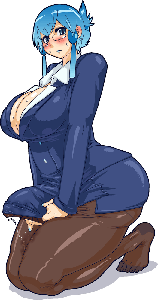 nezunezu, original, 1futa, ass, blue hair, blush, breasts, bulge, business suit, cleavage, curvy, erection, erection under clothes, formal clothes, futanari, glasses, huge ass, huge breasts, office lady, pantyhose, pencil skirt, penis, plump, precum, simple background, skirt, skirt suit, solo, suit, thick thighs, thighs