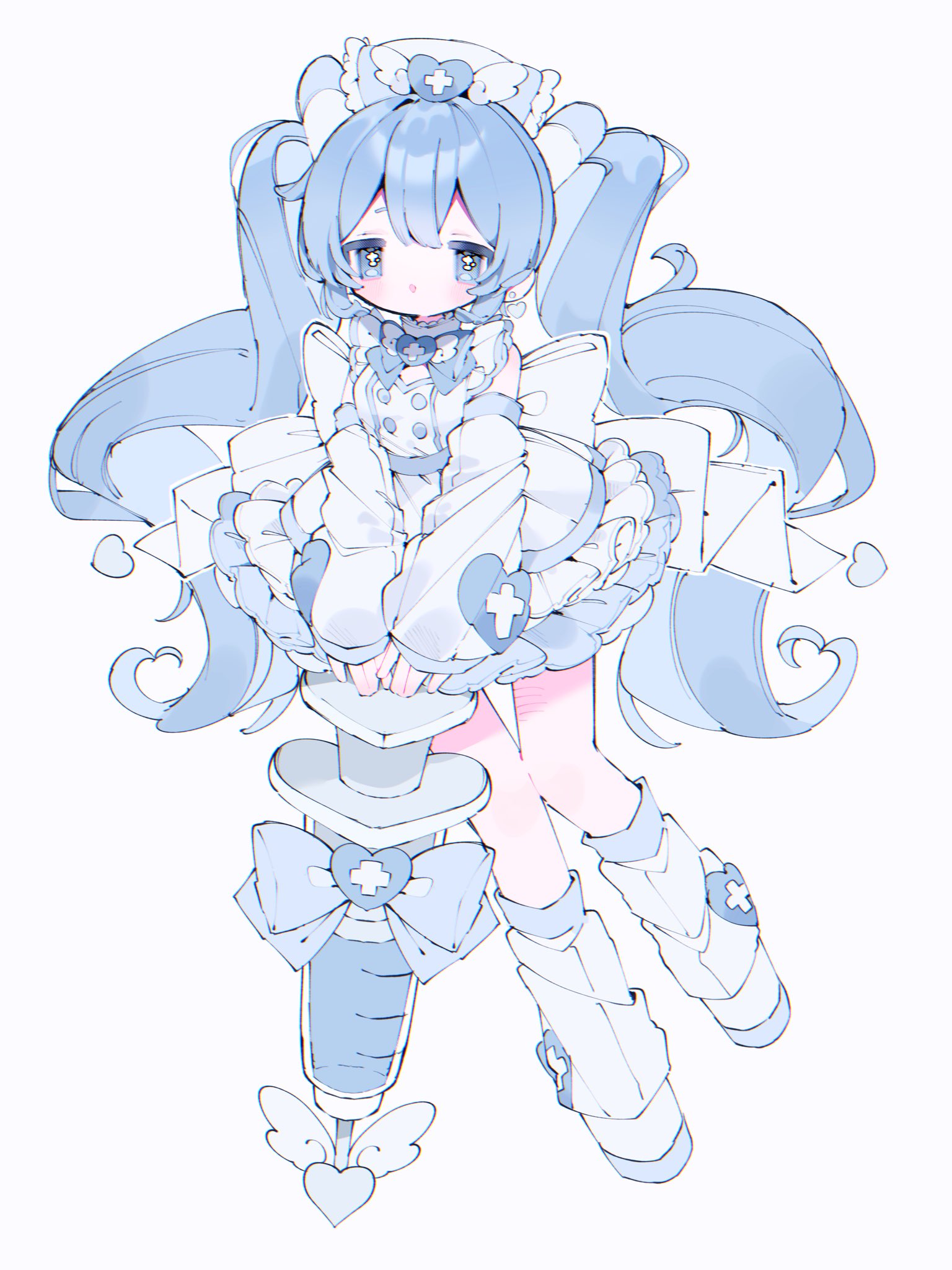 upa papa co, original, commentary request, highres, 1girl, blue bow, blue bowtie, blue dress, blue eyes, blue hair, blue shoes, blush, bow, bowtie, detached sleeves, double-parted bangs, dress, frilled dress, frills, full body, hat, holding, holding syringe, long hair, long sleeves, open mouth, pill hair ornament, shoes, simple background, sleeveless, sleeveless dress, socks, solo, syringe, twintails, white background, white hat, white sleeves, white socks