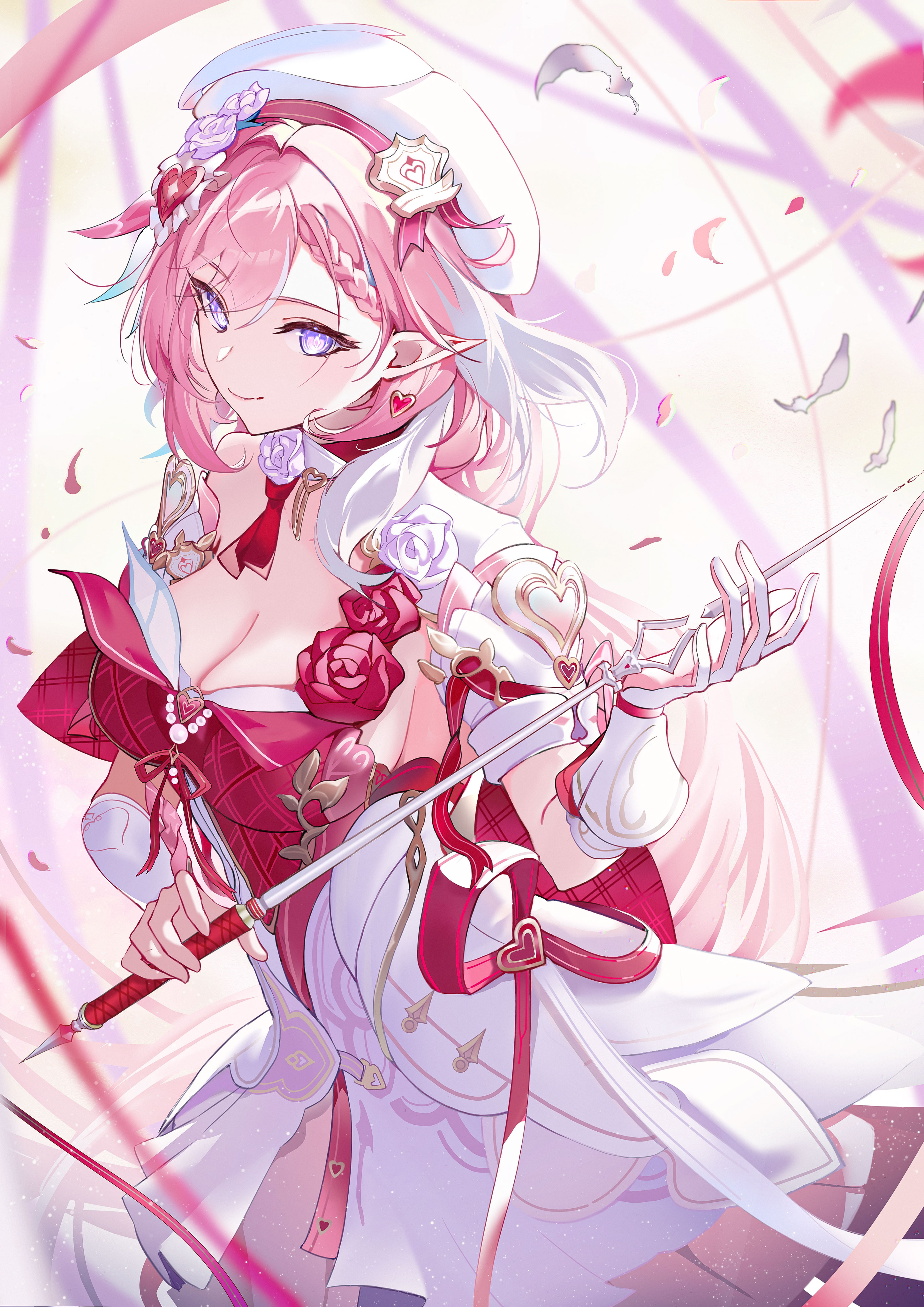 marumoru, elysia (hi love elf) (honkai impact), elysia (honkai impact), honkai (series), honkai impact 3rd, absurdres, commentary, highres, 1girl, braid, braided bangs, breasts, cleavage, closed mouth, dress, earrings, gloves, hair ornament, hat, heart, heart earrings, heart hair ornament, jewelry, large breasts, long hair, looking at viewer, pink hair, pointy ears, purple eyes, single glove, smile, solo, white dress, white gloves, white hat