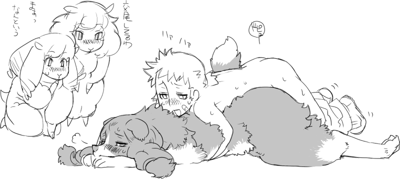 nezunezu, translation request, 1boy, 1girl, bestiality, blush, dog, hetero, monochrome, sheep, shota, simple background, sweat, text focus, white background