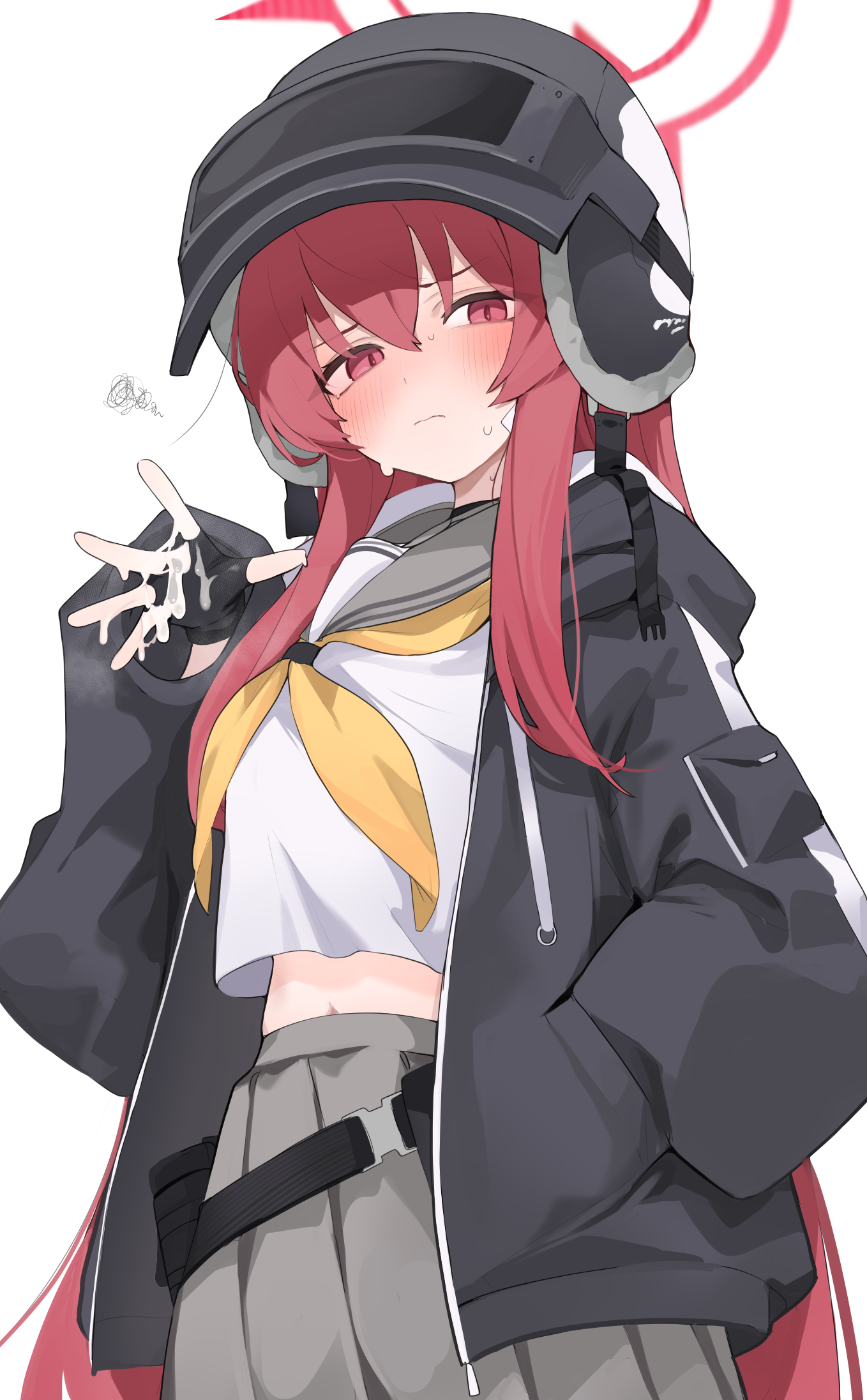 mikozin, rabu (blue archive), blue archive, highres, 1girl, black helmet, black jacket, blush, closed mouth, cum, cum on body, cum on hands, grey skirt, halo, hand in pocket, helmet, jacket, long hair, looking at viewer, neckerchief, open clothes, open jacket, pleated skirt, red eyes, red hair, red halo, school uniform, serafuku, shirt, simple background, skirt, solo, sweat, very long hair, white background, white shirt, yellow neckerchief