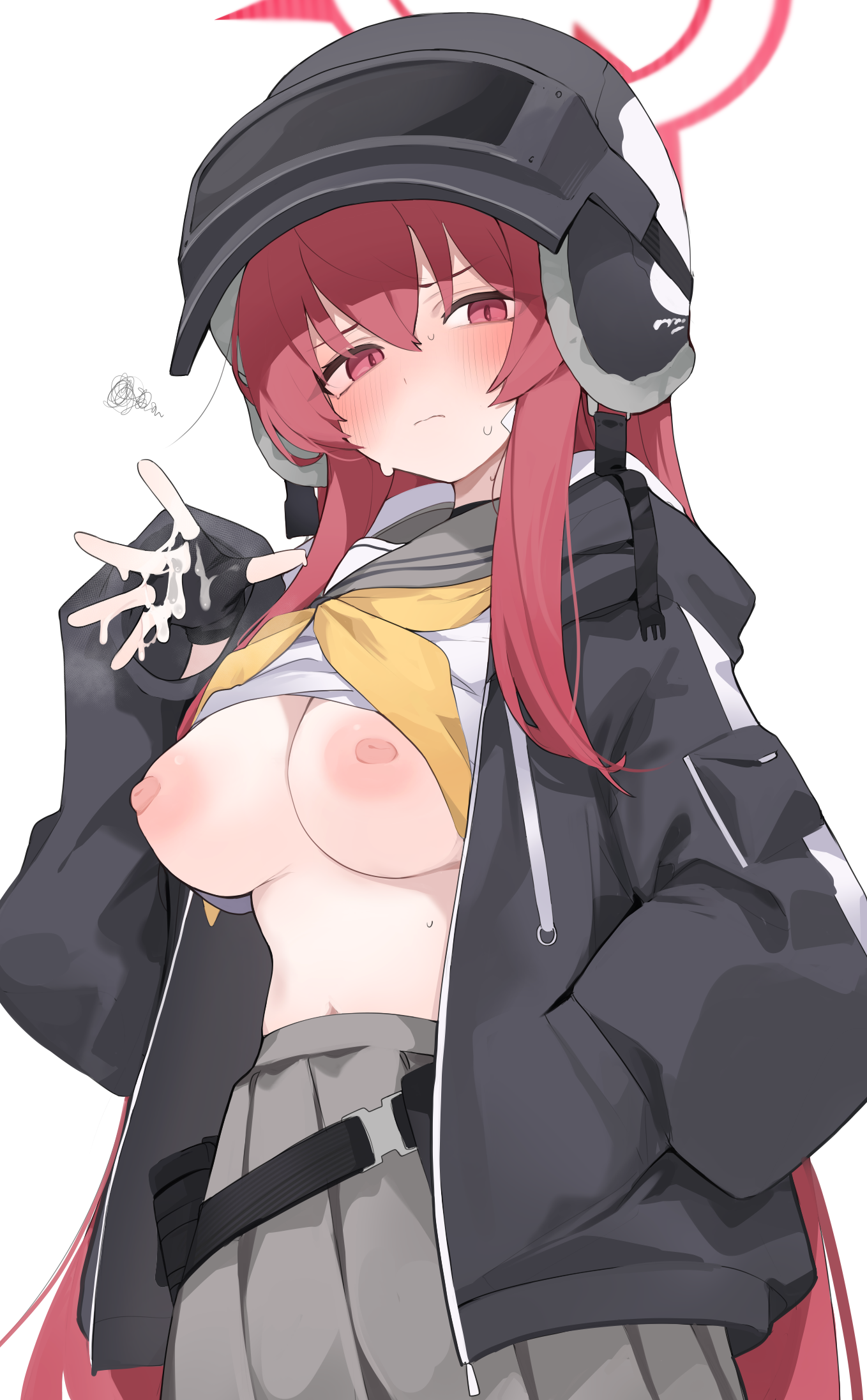 mikozin, rabu (blue archive), blue archive, highres, 1girl, black helmet, black jacket, blush, breasts, closed mouth, cum, cum on body, cum on hands, grey skirt, halo, hand in pocket, helmet, jacket, large breasts, long hair, looking at viewer, neckerchief, nipples, open clothes, open jacket, pleated skirt, red eyes, red hair, red halo, school uniform, serafuku, shirt, simple background, skirt, solo, sweat, very long hair, white background, white shirt, yellow neckerchief