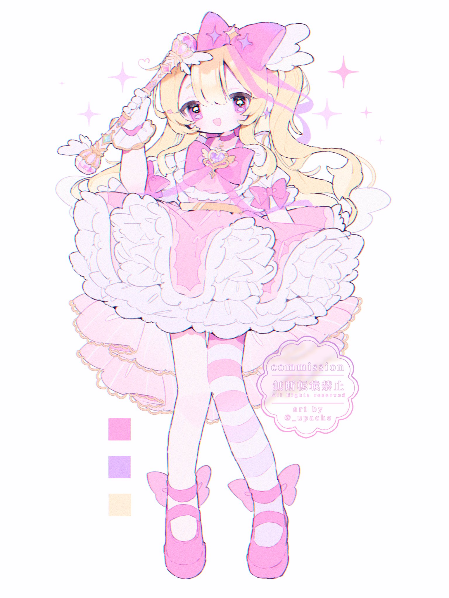upa papa co, original, commentary, commission, highres, symbol-only commentary, 1girl, :d, blonde hair, blush, bow, bowtie, choker, double-parted bangs, dress, footwear bow, frilled dress, frilled sleeves, frills, full body, hair bow, hair ornament, holding, holding wand, long hair, looking at viewer, open mouth, pantyhose, pink bow, pink bowtie, pink choker, pink dress, pink eyes, pink pantyhose, pink shoes, shoes, short sleeves, simple background, single leg pantyhose, sleeve bow, smile, solo, sparkle, standing, striped clothes, striped pantyhose, wand, white background, wing hair ornament