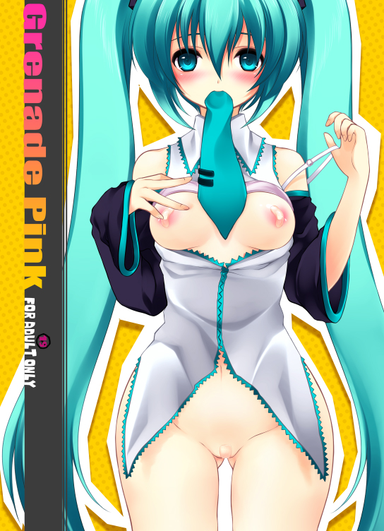 juna, hatsune miku, vocaloid, bad id, bad pixiv id, 1girl, bandaid, bandaid on pussy, bandaids on nipples, blue eyes, blue hair, blush, bottomless, bra, bra lift, breasts, clothes lift, detached sleeves, female focus, lingerie, long hair, matching hair/eyes, mouth hold, necktie, no panties, open clothes, open shirt, pasties, shirt, solo, twintails, underwear