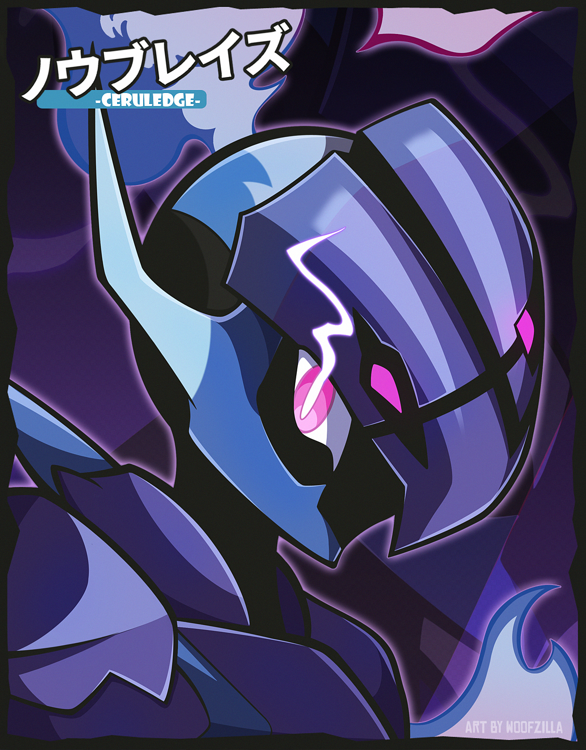 woofzilla, ceruledge, nintendo, pokemon, commentary, english commentary, highres, translation request, 1other, black border, blue fire, border, bright pupils, character name, eye trail, fire, light trail, looking at viewer, other focus, pink eyes, pokemon (creature), portrait, purple background, solo, white pupils