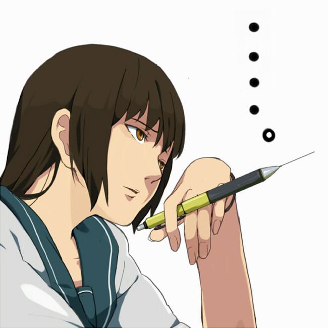 mineji, bad id, bad pixiv id, 1girl, bored, brown eyes, brown hair, female focus, mechanical pencil, pen, pencil, school uniform, solo