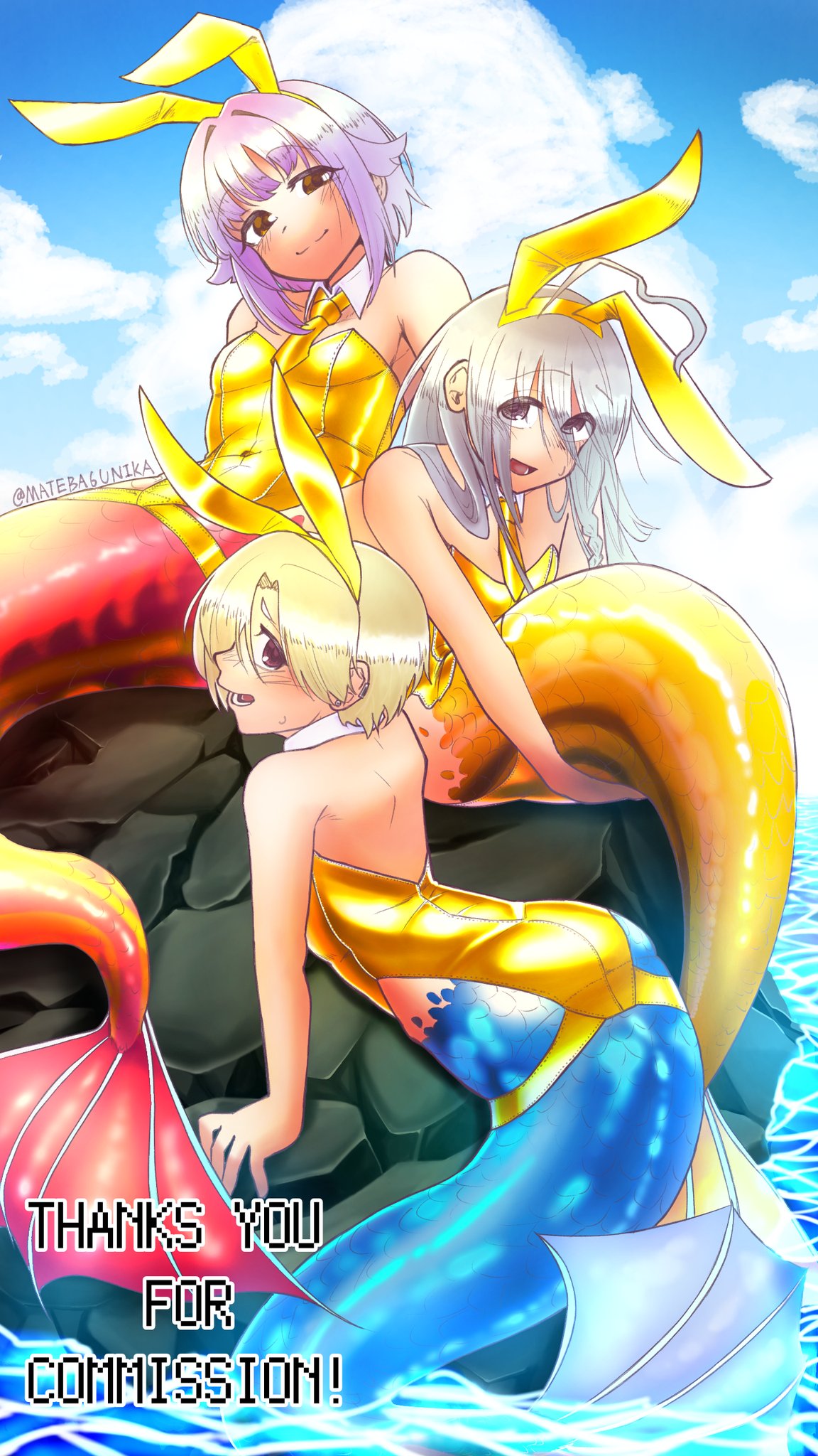 hoshi syoko, koshimizu sachiko, shirasaka koume, idolmaster, idolmaster cinderella girls, idolmaster cinderella girls starlight stage, commentary, commission, highres, skeb commission, 3girls, ahoge, animal ear hairband, animal ears, back, bags under eyes, bare shoulders, blonde hair, blue tail, blush, braid, breasts, brown eyes, cloud, cloudy sky, covered navel, detached collar, ear piercing, earrings, fake animal ears, fins, gold tail, grey eyes, grey hair, hair flaps, hair intakes, hair over one eye, hairband, headband, holding own tail, huge ahoge, jewelry, kawaii boku to 142's (idolmaster), long hair, looking at viewer, looking back, lying, mateba6unika, mermaid, monster girl, multiple girls, necktie, nontraditional playboy bunny, on stomach, open mouth, partially submerged, piercing, pink tail, purple hair, rabbit ear hairband, rabbit ears, scales, short hair, side braid, signature, single braid, sitting, sky, small breasts, smile, sweat, tail, twitter username, watermark, yellow necktie