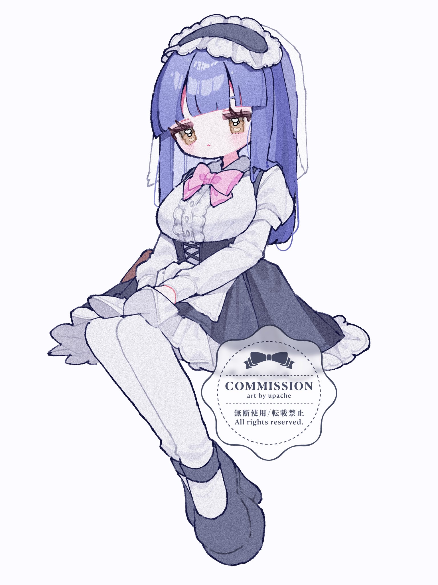 upa papa co, original, commentary, commission, highres, symbol-only commentary, 1girl, artist name, black hairband, black shoes, black skirt, blue hair, blunt bangs, blush, bow, bowtie, brown eyes, center frills, closed mouth, collared shirt, frilled hairband, frilled skirt, frills, full body, hairband, invisible chair, long hair, long sleeves, pantyhose, pink bow, pink bowtie, pleated skirt, shirt, shoes, simple background, sitting, skirt, solo, watermark, white background, white pantyhose, white shirt