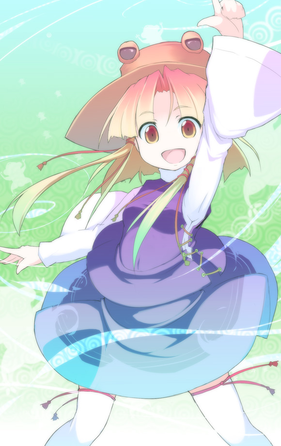 asakura masatoki, moriya suwako, touhou, 1girl, blonde hair, female focus, gradient background, hat, skirt, solo, thighhighs