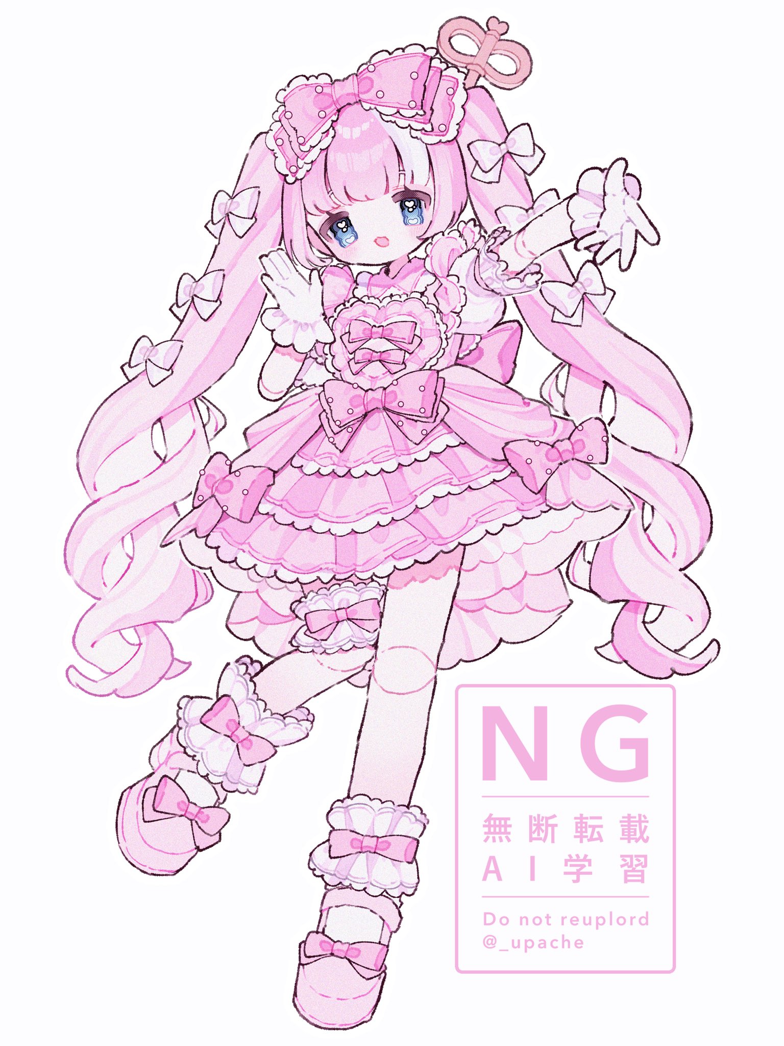 upa papa co, original, commentary, highres, symbol-only commentary, 1girl, :d, blue eyes, blunt bangs, blush, bow, doll joints, dress, dress bow, frilled dress, frilled socks, frills, full body, gloves, hair bow, joints, key hair ornament, long hair, multicolored hair, open mouth, outstretched arm, pink bow, pink dress, pink hair, pink shoes, shoes, short sleeves, simple background, smile, socks, solo, standing, standing on one leg, twintails, twitter username, two-tone hair, watermark, white background, white bow, white gloves, white hair, white socks
