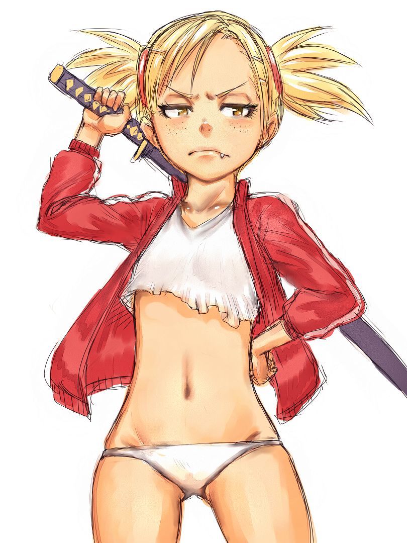 fumio (rsqkr), sarugaki hiyori, bleach, 00s, 1girl, angry, blonde hair, fang, female focus, freckles, hand on own hip, jacket, jersey, katana, loli, lowleg, lowleg panties, midriff, navel, panties, sheath, sheathed, shirt, short hair, short twintails, simple background, solo, sword, t-shirt, track suit, twintails, underwear, weapon, white background, white panties, yellow eyes