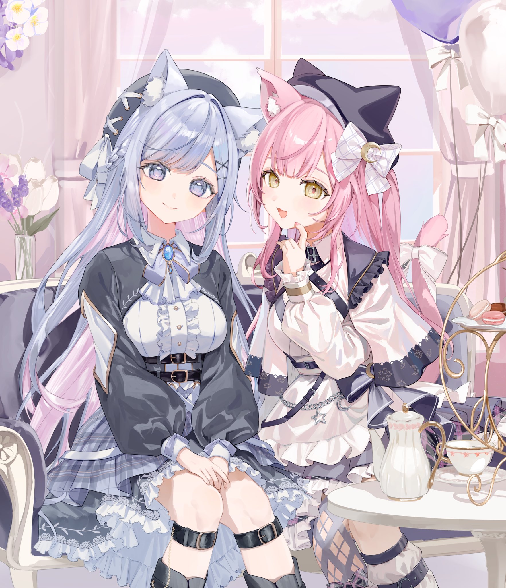 munmosshu, indie virtual youtuber, artist request, character request, clothing request, highres, second-party source, 2girls, animal ears, animal hat, apron, belt, belt around waist, beret, between legs, black belt, blue gemstone, blue hair, bow, breasts, cat ears, cat hat, closed mouth, couch, crescent, crescent hair ornament, cup, eyelashes, flower, frilled apron, frills, gem, hair ornament, hand between legs, hand up, hat, head tilt, indoors, knees, leg belt, leg warmers, long hair, long sleeves, looking at viewer, medium breasts, multicolored hair, multiple girls, on couch, open mouth, parted bangs, pink hair, puffy sleeves, red pupils, sitting, smile, star (symbol), teacup, teapot, white bow, x hair ornament, yellow eyes