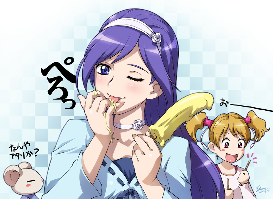 sameha ikuya, aono miki, momozono love, tart (fresh precure!), fresh precure!, precure, translated, 00s, 2girls, :d, ;p, banana popsicle, blue eyes, blue hair, blush, blush stickers, choker, eyelashes, food, hairband, licking, long hair, multiple girls, one eye closed, open mouth, popsicle, sexually suggestive, short twintails, smile, tongue, tongue out, twintails, wink