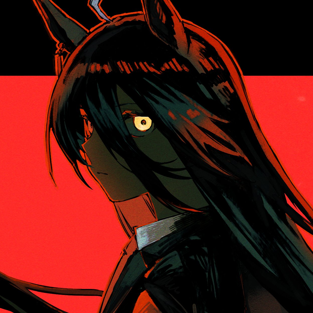 akaya shiki, manhattan cafe (creeping black) (umamusume), manhattan cafe (umamusume), umamusume, hashtag-only commentary, highres, 1girl, animal ears, black hair, closed mouth, horse ears, horse girl, long bangs, long hair, looking at viewer, red theme, solo, yellow eyes