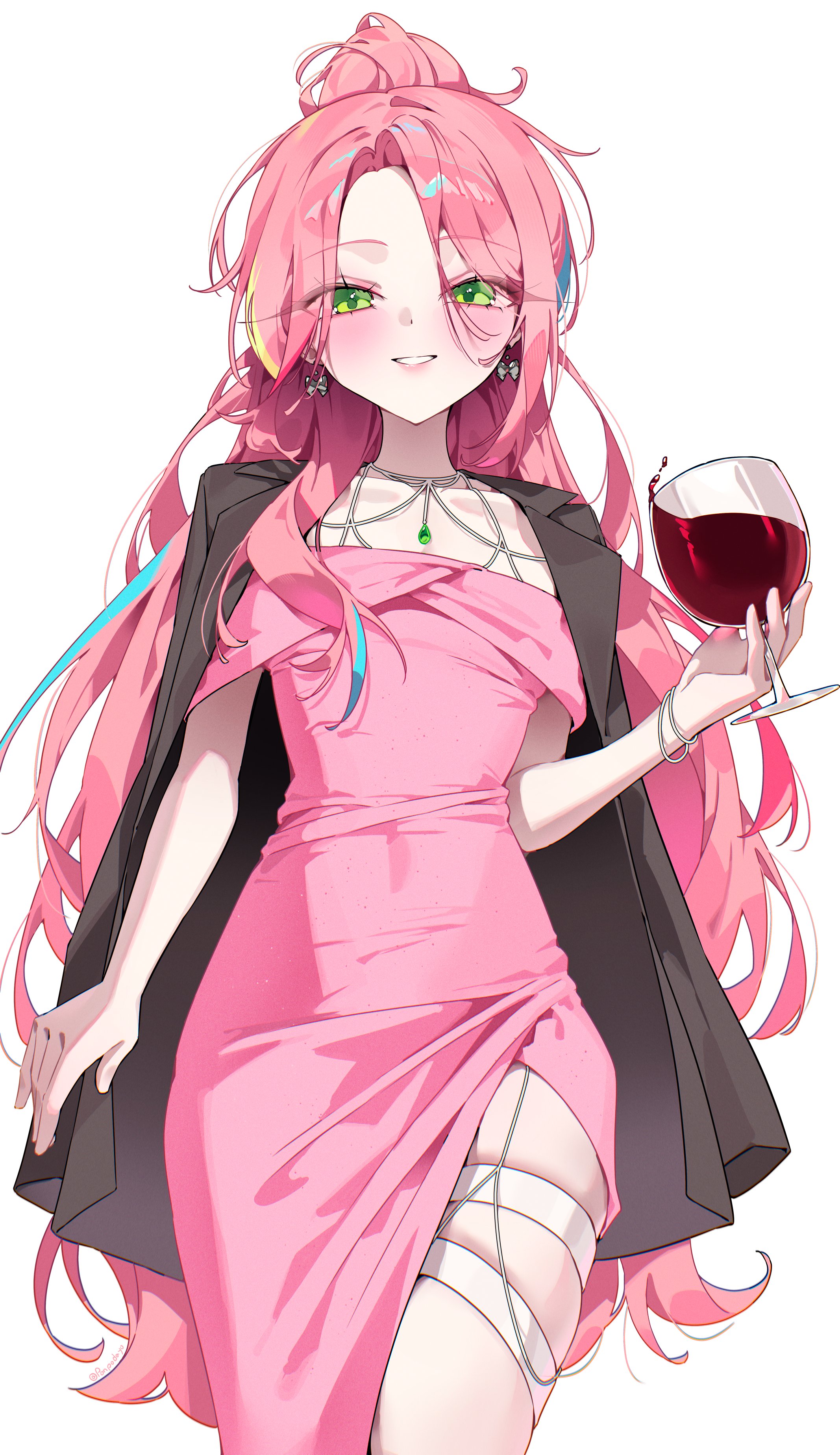 daimi 94, hanako nana, stellive, absurdres, commentary request, highres, korean commentary, 1girl, alcohol, arm out of sleeve, black jacket, blush, bow, bow earrings, bracelet, collarbone, covered navel, cowboy shot, cup, curtained hair, detached sleeves, dress, drinking glass, earrings, forehead, green eyes, grin, holding, holding cup, jacket, jewelry, long hair, looking at viewer, multicolored hair, off-shoulder dress, off shoulder, open clothes, open jacket, parted lips, pink dress, pink hair, side slit, simple background, smile, solo, standing, streaked hair, thigh strap, very long hair, virtual youtuber, white background, wine, wine glass