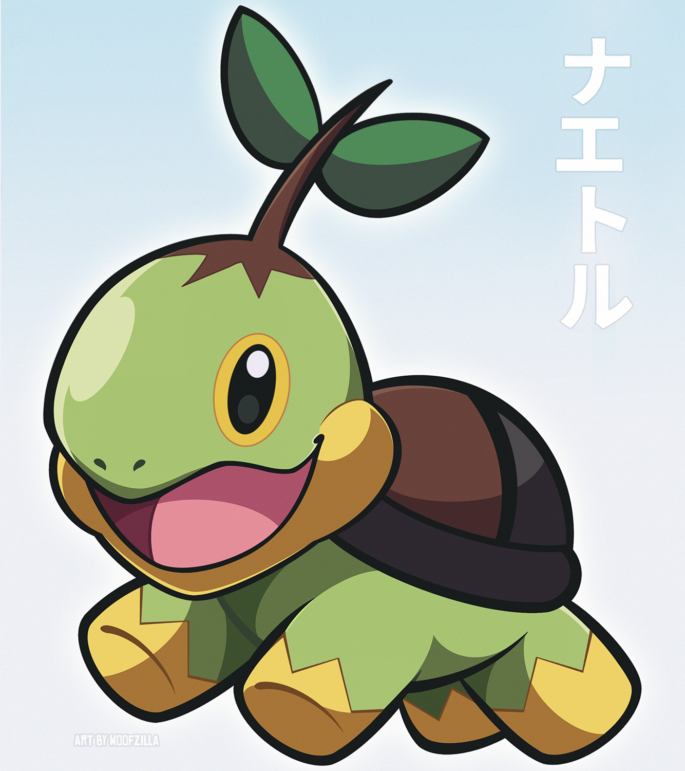 woofzilla, turtwig, nintendo, pokemon, commentary, english commentary, highres, animal focus, black eyes, blue background, bright pupils, full body, gen 4 pokemon, gradient background, happy, no humans, nostrils, open mouth, pokemon (creature), simple background, solo, white pupils