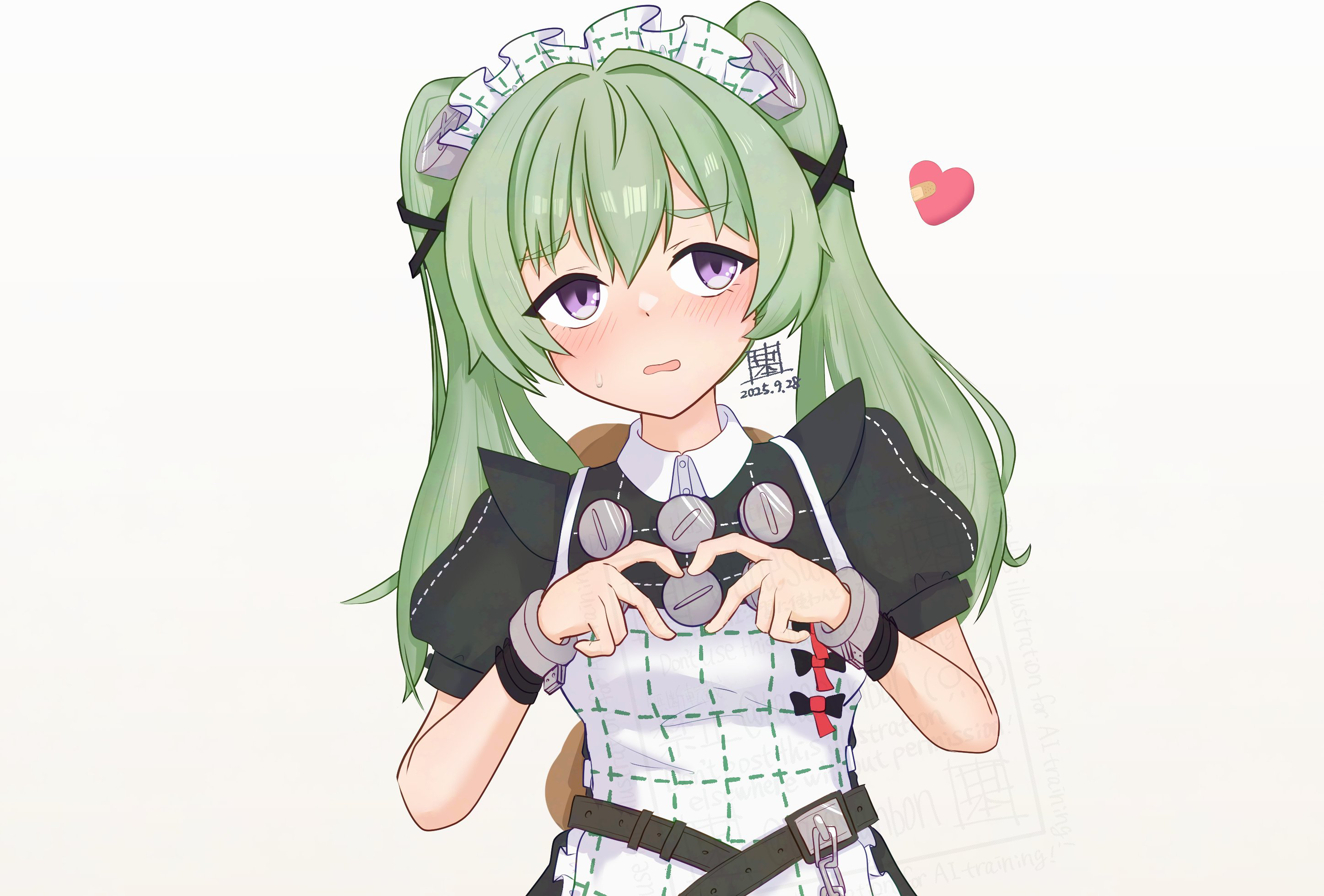 corin wickes, zenless zone zero, commentary request, highres, 1girl, apron, belt, black bow, black dress, blush, bow, chain, dated, dress, four-finger heart hands, green hair, hair between eyes, heart, heart hands, kotohira tetsu, long hair, maid, maid headdress, open mouth, puffy short sleeves, puffy sleeves, purple eyes, screw hair ornament, short sleeves, simple background, solo, twintails, white apron, white background