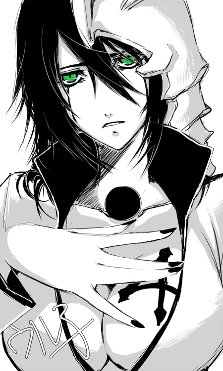 ulquiorra cifer, bleach, artist request, gender request, 00s, 1girl, arrancar, black hair, black nails, breasts, cleavage, collarbone, colored skin, expressionless, facial mark, female focus, fingernails, genderswap, green eyes, hair between eyes, large breasts, nail polish, number tattoo, parted lips, skull, solo, tattoo, white skin