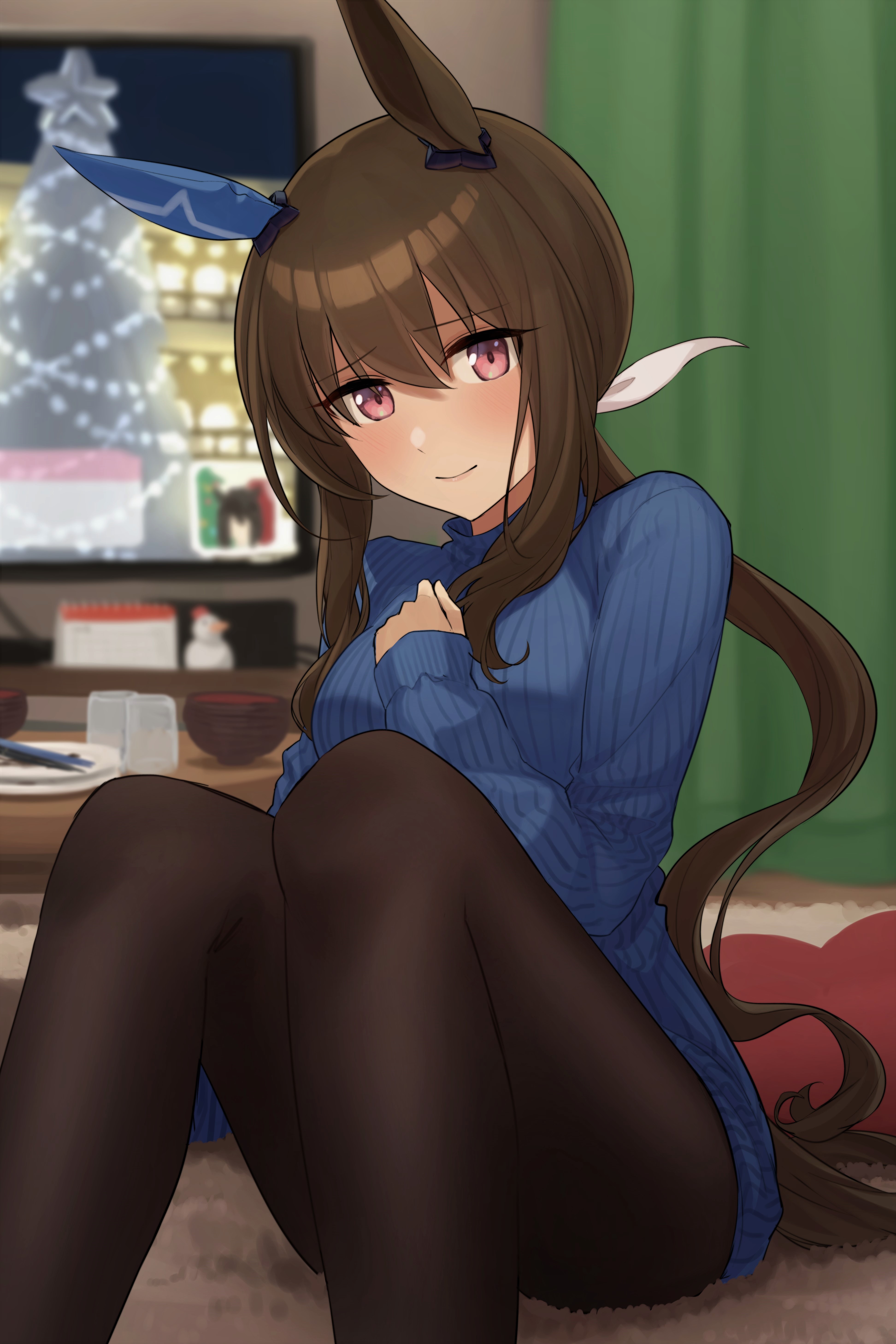 hukahito, admire vega (umamusume), umamusume, absurdres, commentary request, highres, 1girl, animal ears, black pantyhose, blue sweater, blurry, blurry background, blush, bowl, breasts, brown hair, calendar (object), carpet, curtains, ear covers, hand on own chest, heart, heart-shaped pillow, horse ears, horse girl, horse tail, indoors, knees up, light blush, lips, long hair, medium breasts, pantyhose, pillow, plate, ponytail, purple eyes, sidelocks, sitting, smile, solo, sweater, table, tail, television