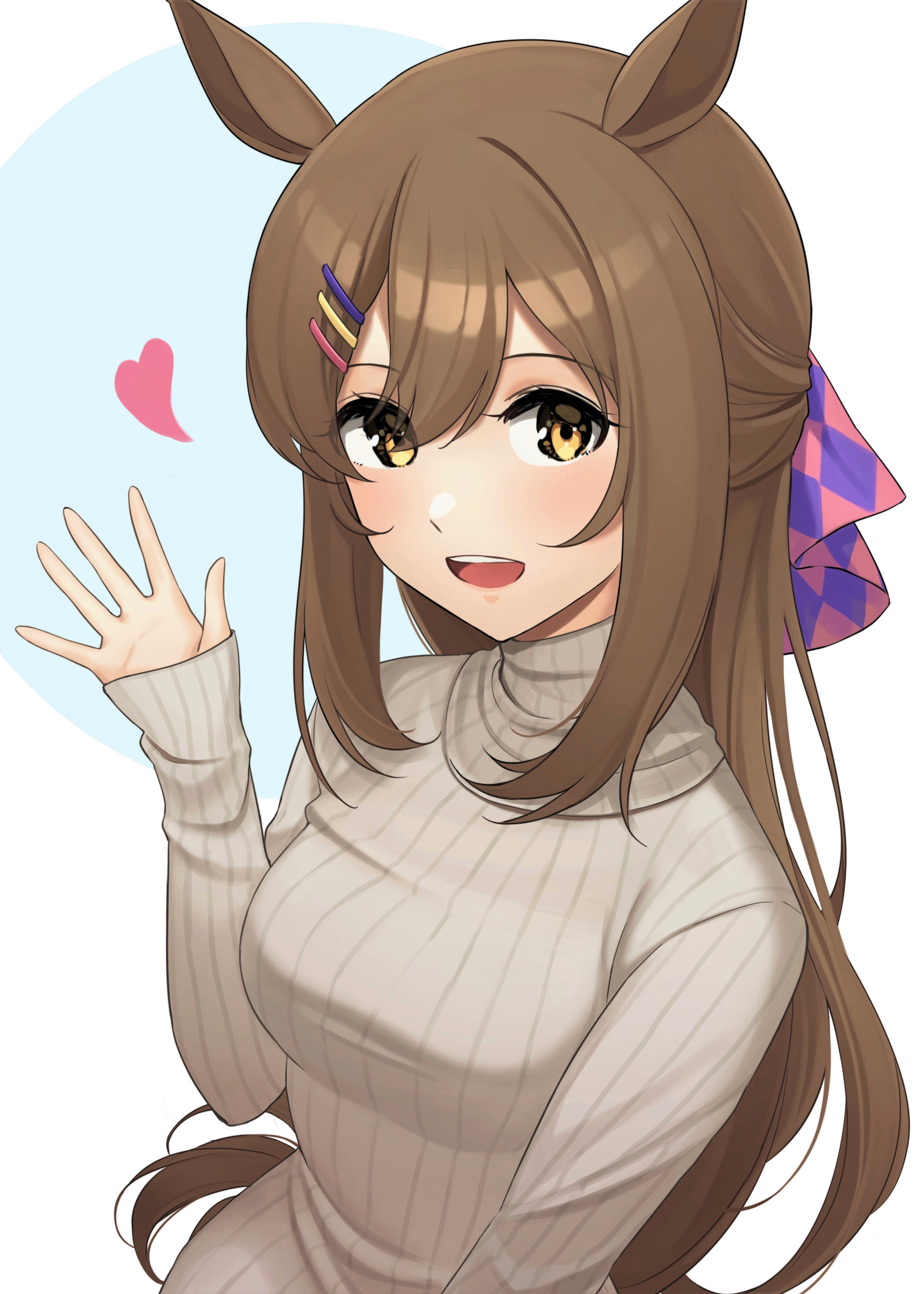 hukahito, smart falcon (umamusume), umamusume, absurdres, commentary request, highres, 1girl, aged up, alternate costume, blush, breasts, brown eyes, brown hair, brown sweater, hair ornament, half updo, hand up, heart, long hair, long sleeves, looking at viewer, open mouth, simple background, smile, solo, sweater, teeth, turtleneck, turtleneck sweater, upper body, upper teeth only, waving, white background
